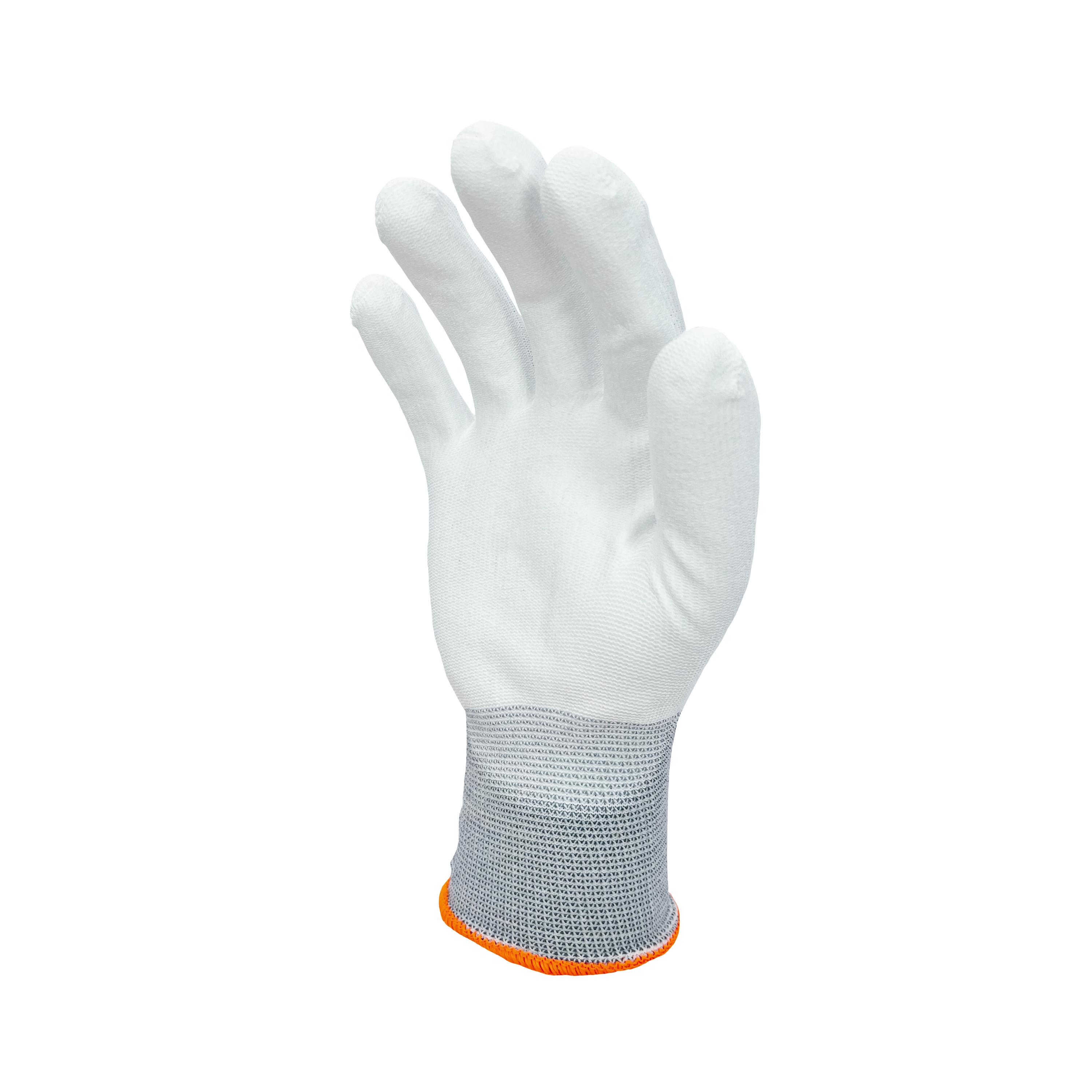 Ein weißer Feinstrickhandschuh WERO Allrounder mit orangefarbener Stulpe, leichter PU-Beschichtung und flexiblem Material, Daumen und Zeigefinger gestreckt.