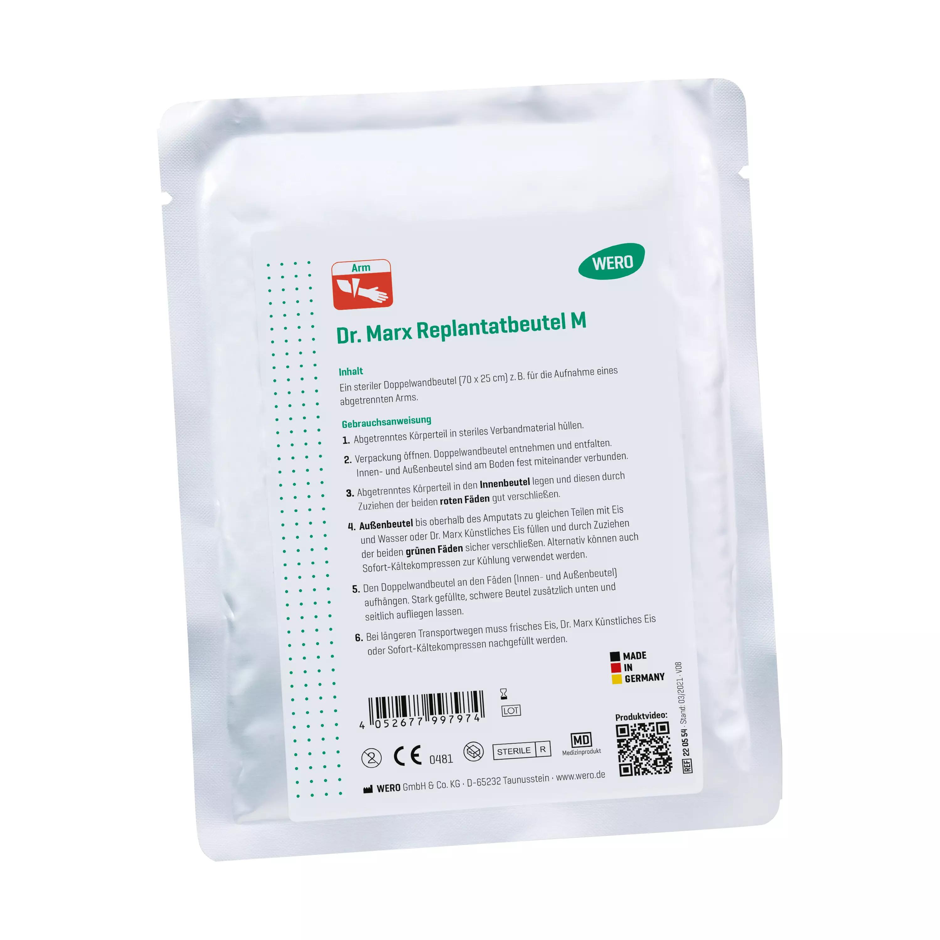 Transparente Verpackung mit Dr. Marx Replantatbeutel M steril - Arm, Produktdetails, Logo, QR-Code und Hinweisen zur sicheren Aufbewahrung sichtbar.