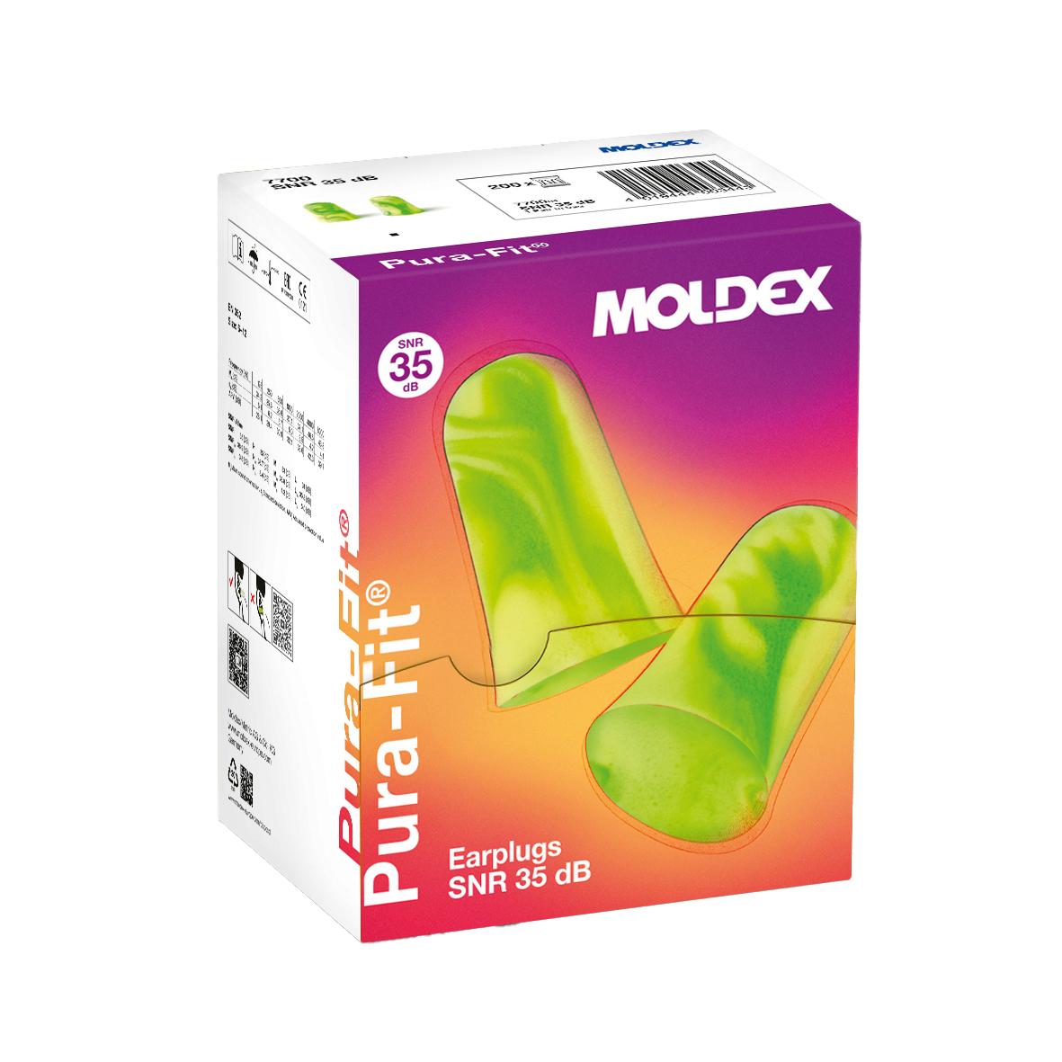 Die Einwegspenderbox MOLDEX Pura-Fit® Gehörschutzstöpsel mit 200 Paar zeigt das Markenlogo, Produkttyp, SNR 35 dB und ein Bild der hellgrünen Stöpsel.