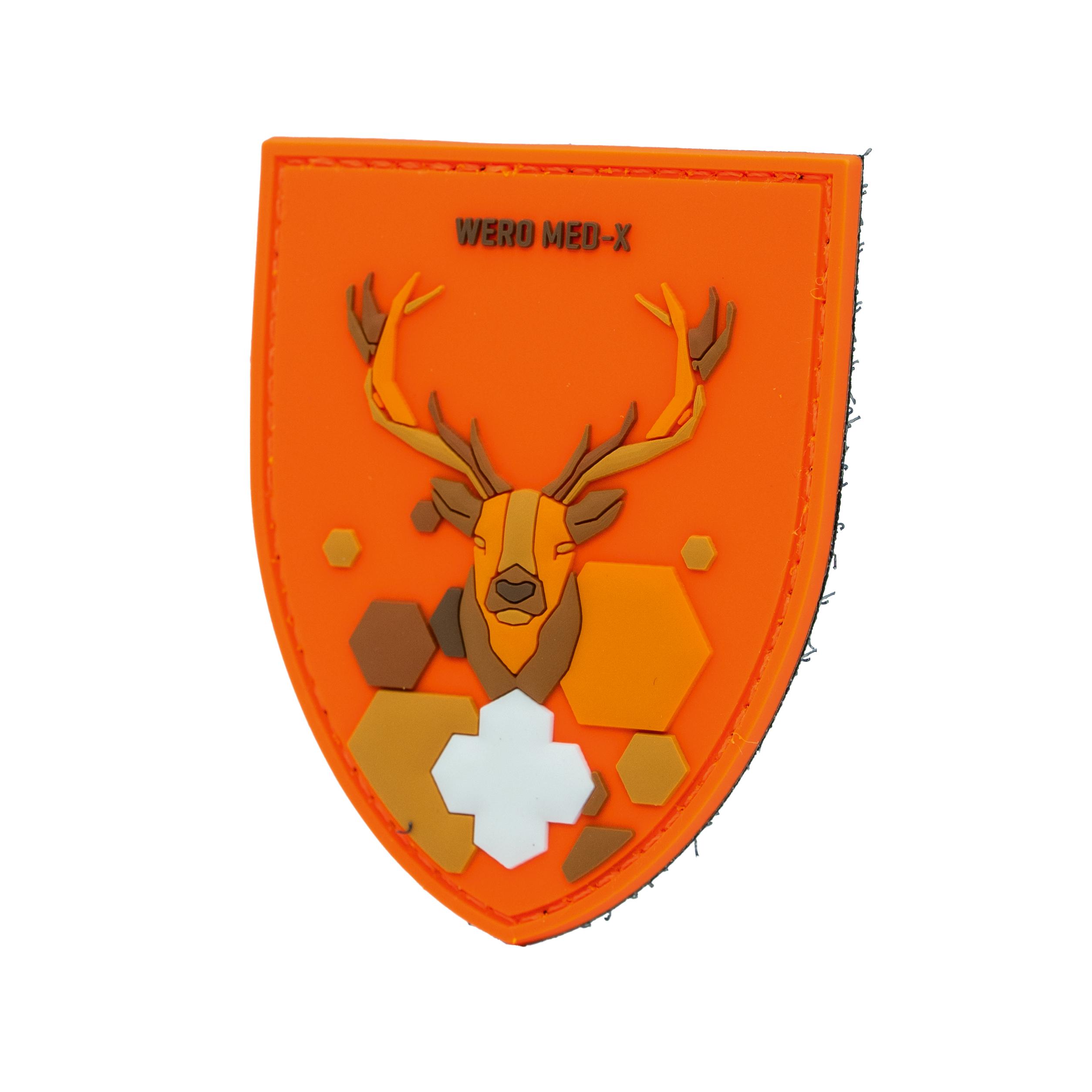 Orange Patch WERO MED-X® Hunter Medic Pack mit braunem Hirschkopf und Geweih, schwarzer Schrift und schwarzer Naht am Rand.