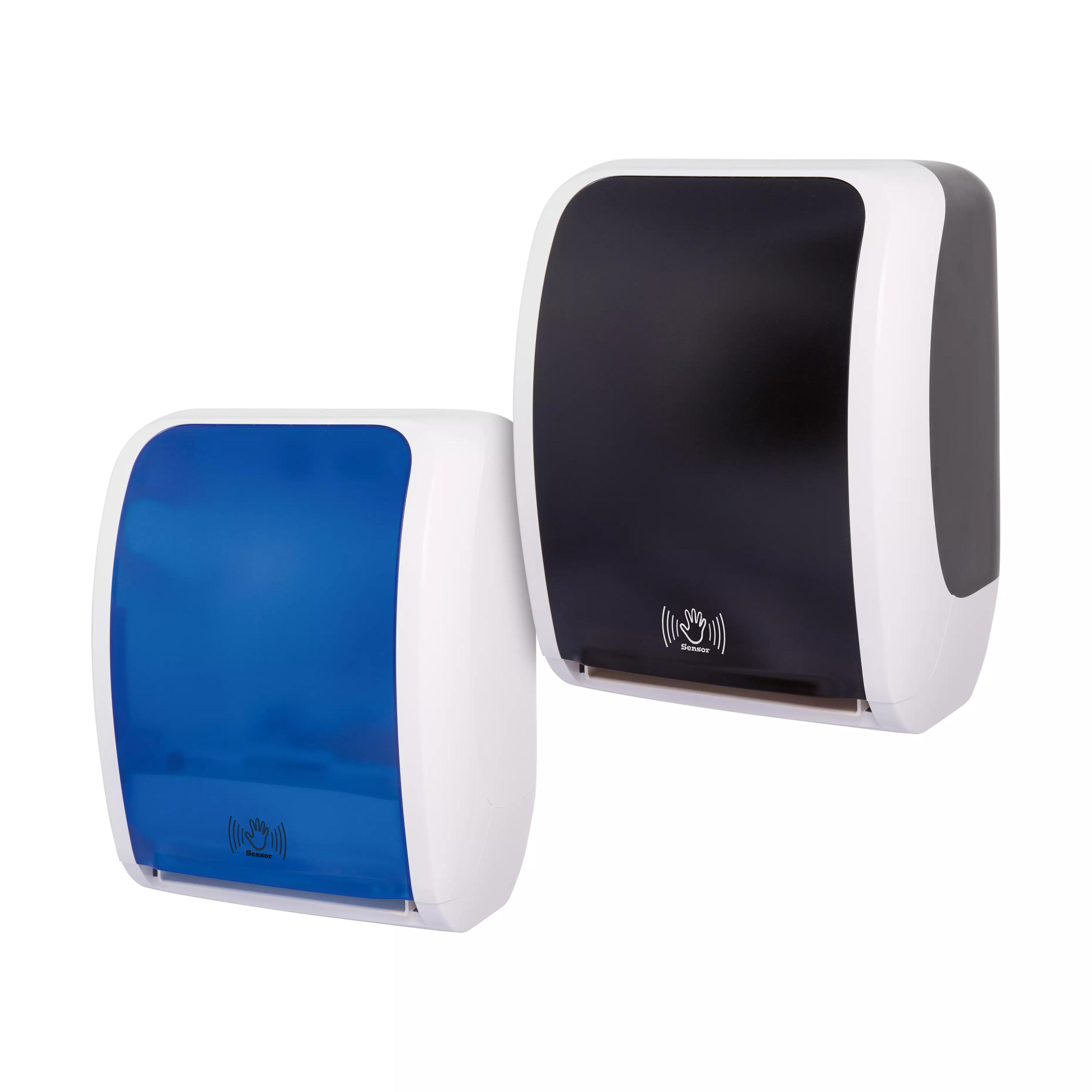 Zwei Handtuchspender RATIO touchless in Blau und Schwarz mit Sensorfunktion, jeweils weißem Deckel und Sockel sowie markantem Sensor-Logo auf der Front.
