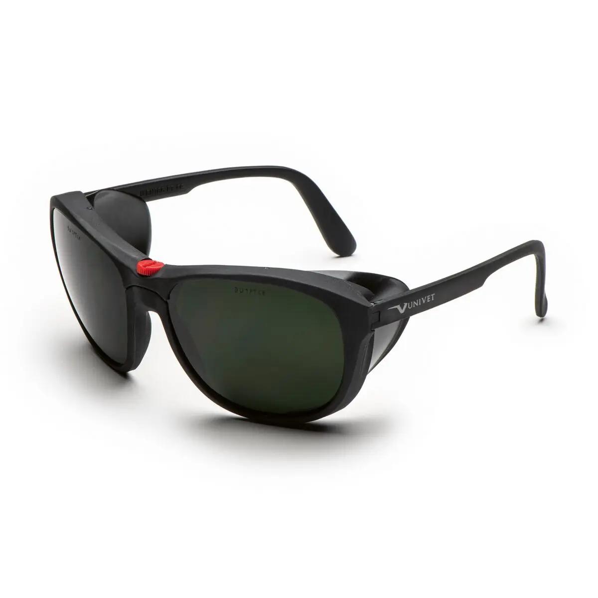 Schweißerbrille Welding 5 mit schwarzem Rahmen, roten Akzenten am Steg und dunkelgrünen Schutzgläsern, VUNIVET-Logo auf dem Steg.