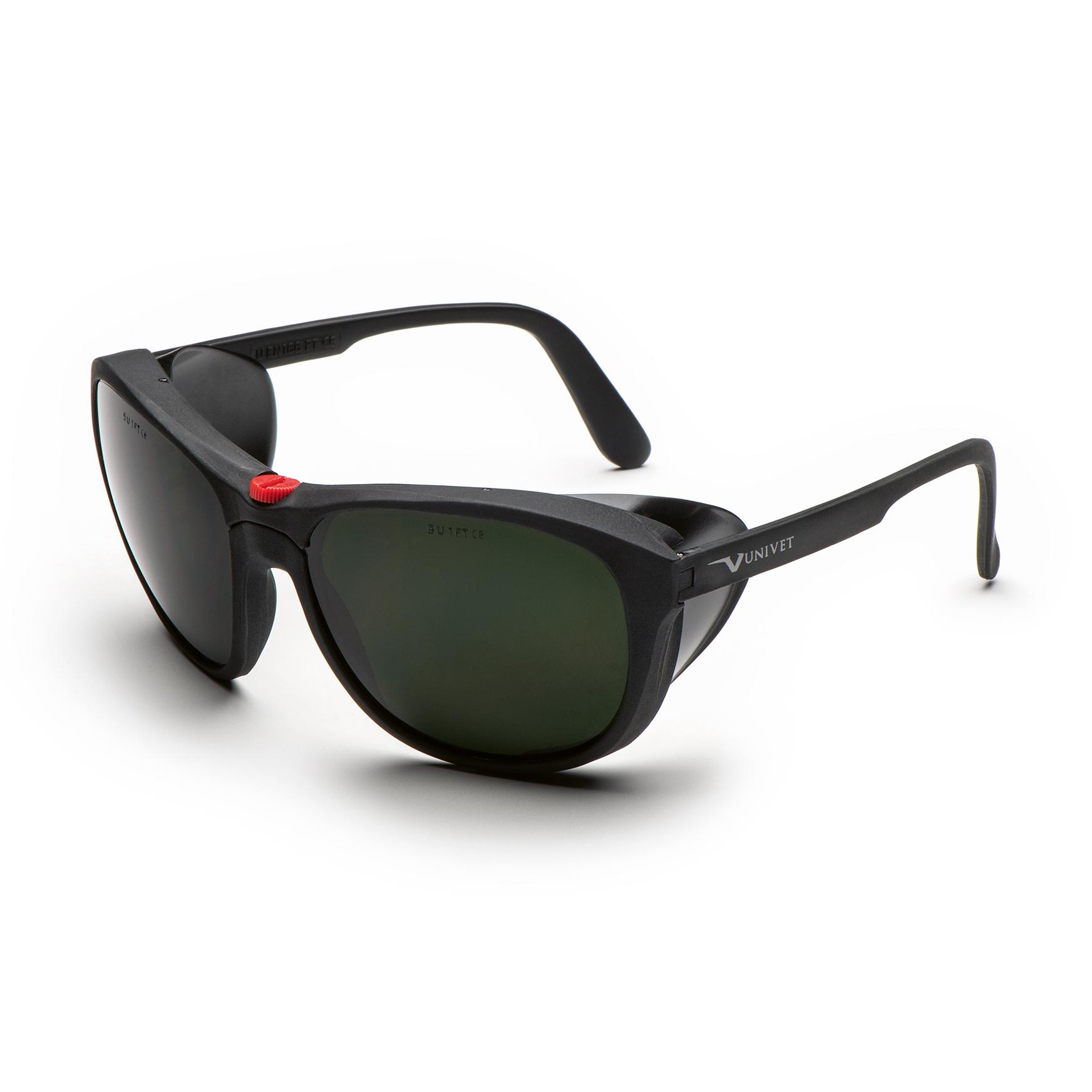 Schweißerbrille Welding 5 mit schwarzem Rahmen, roten Akzenten am Steg und dunkelgrünen Schutzgläsern, VUNIVET-Logo auf dem Steg.