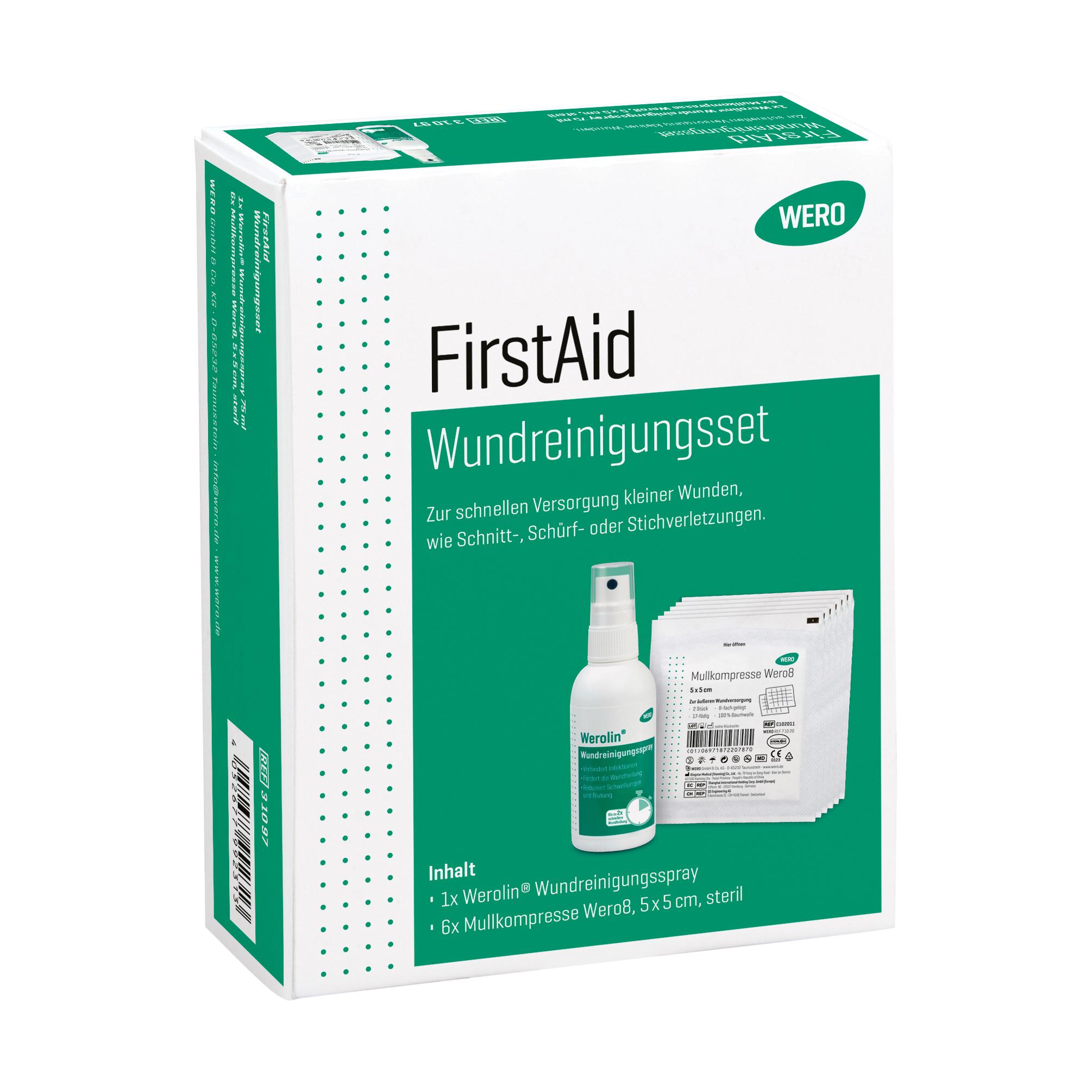Weiße Verpackung des Wundreinigungsset WERO FirstAid mit grünem Akzent, Werolin® Wundreinigungsspray und 6 sterilen Wero8 Mullkompressen.