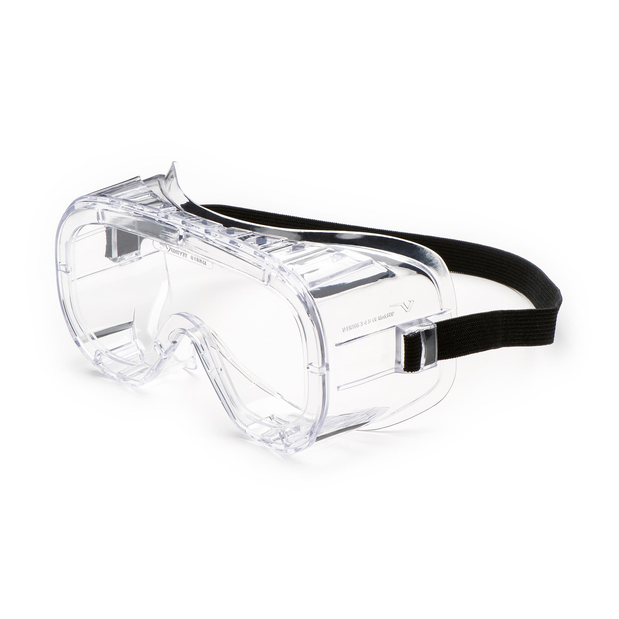 Eine Vollsicht-Schutzbrille Classic mit klarer, beschlagfreier Scheibe und schwarzem Kopfband liegt unbenutzt auf einer weißen Fläche.