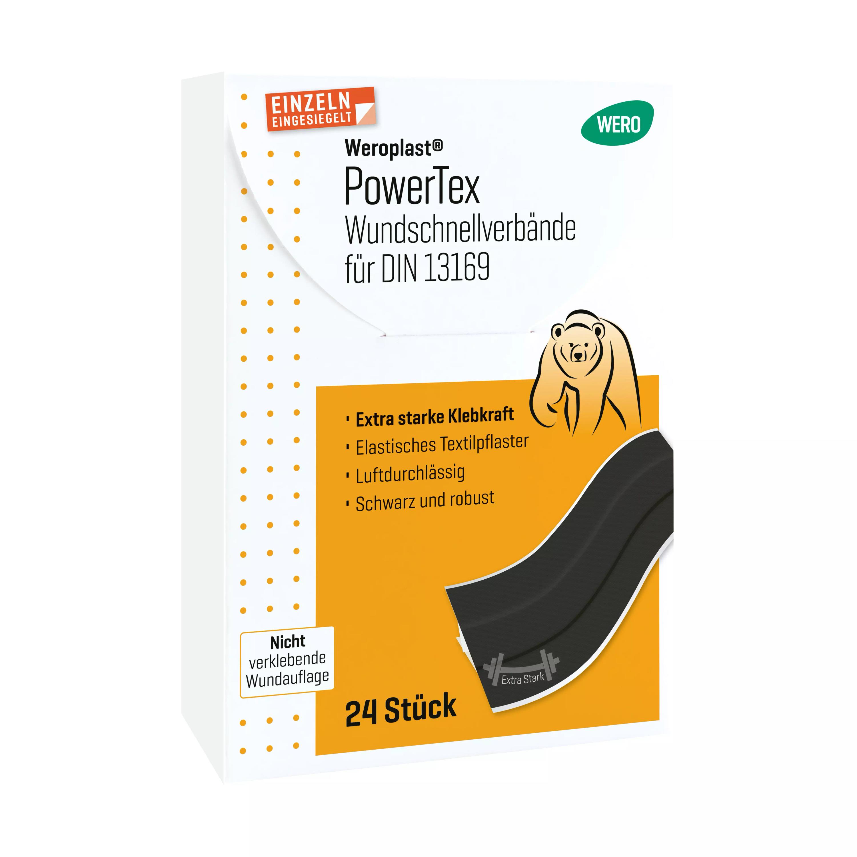Weroplast® PowerTex Pflaster - Wundschnellverbände DIN 13169 Box mit gelb-oranger Banderole, 24 Stück, extra starke Klebkraft, schwarzes textiles Gewebe.