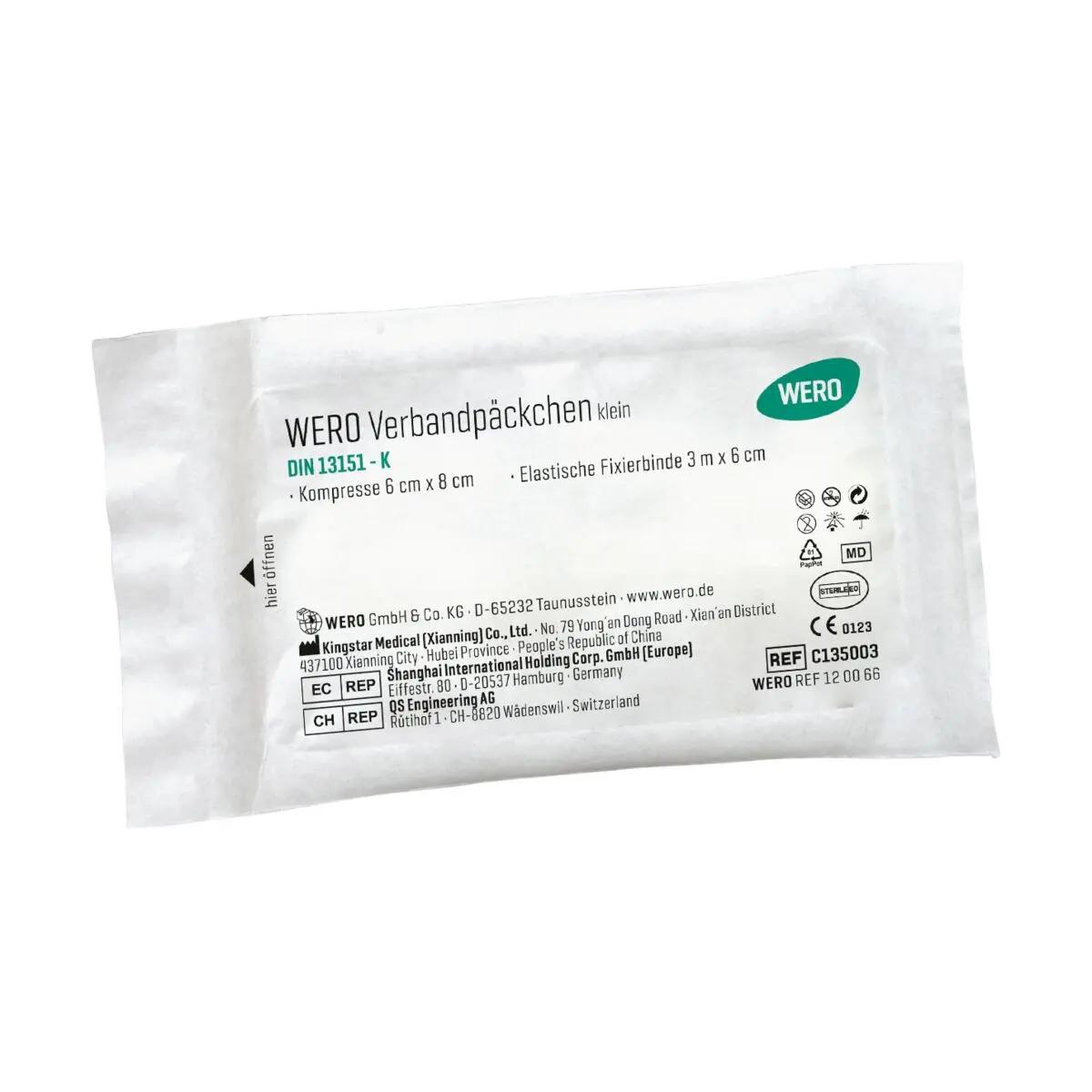 Weißes Paket von WERO Verbandpäckchen klein mit grüner Größenangabe und Herstellungsinformationen von Kingstar Medical.