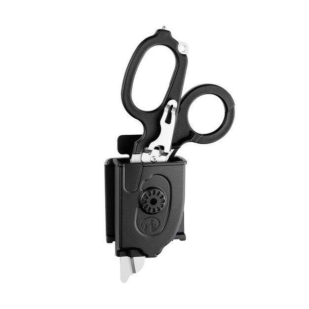 LEATHERMAN® RAPTOR® Rescue - Schwarz, zusammengefaltete Rettungsschere mit silberner Klinge in schwarzem Kunststoff-Holster mit silbernem Verschluss.