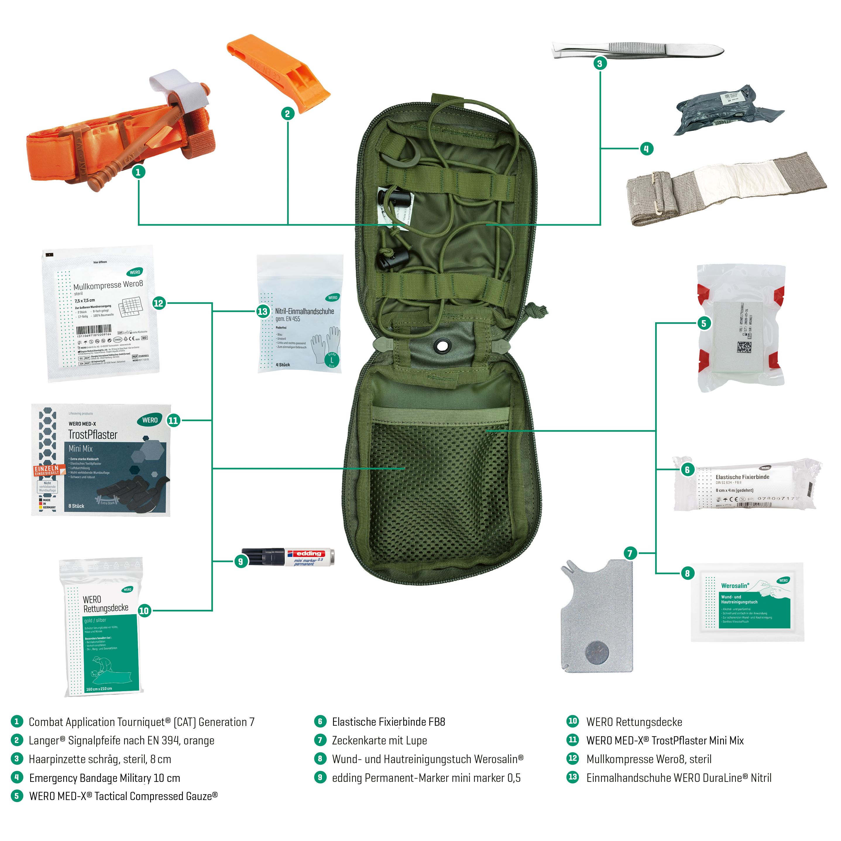 WERO MED-X Hunter Medic Pack - Basic geöffnet mit Kompressen, Mullbinden und Pinzette, ideal sortiert für Jagd und Notfallversorgung.