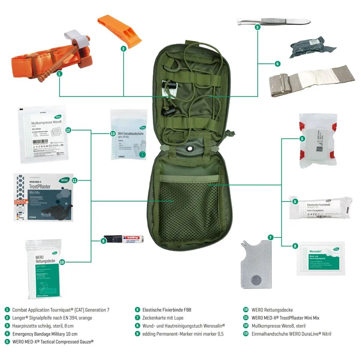 WERO MED-X Hunter Medic Pack - Basic geöffnet mit Kompressen, Mullbinden und Pinzette, ideal sortiert für Jagd und Notfallversorgung.