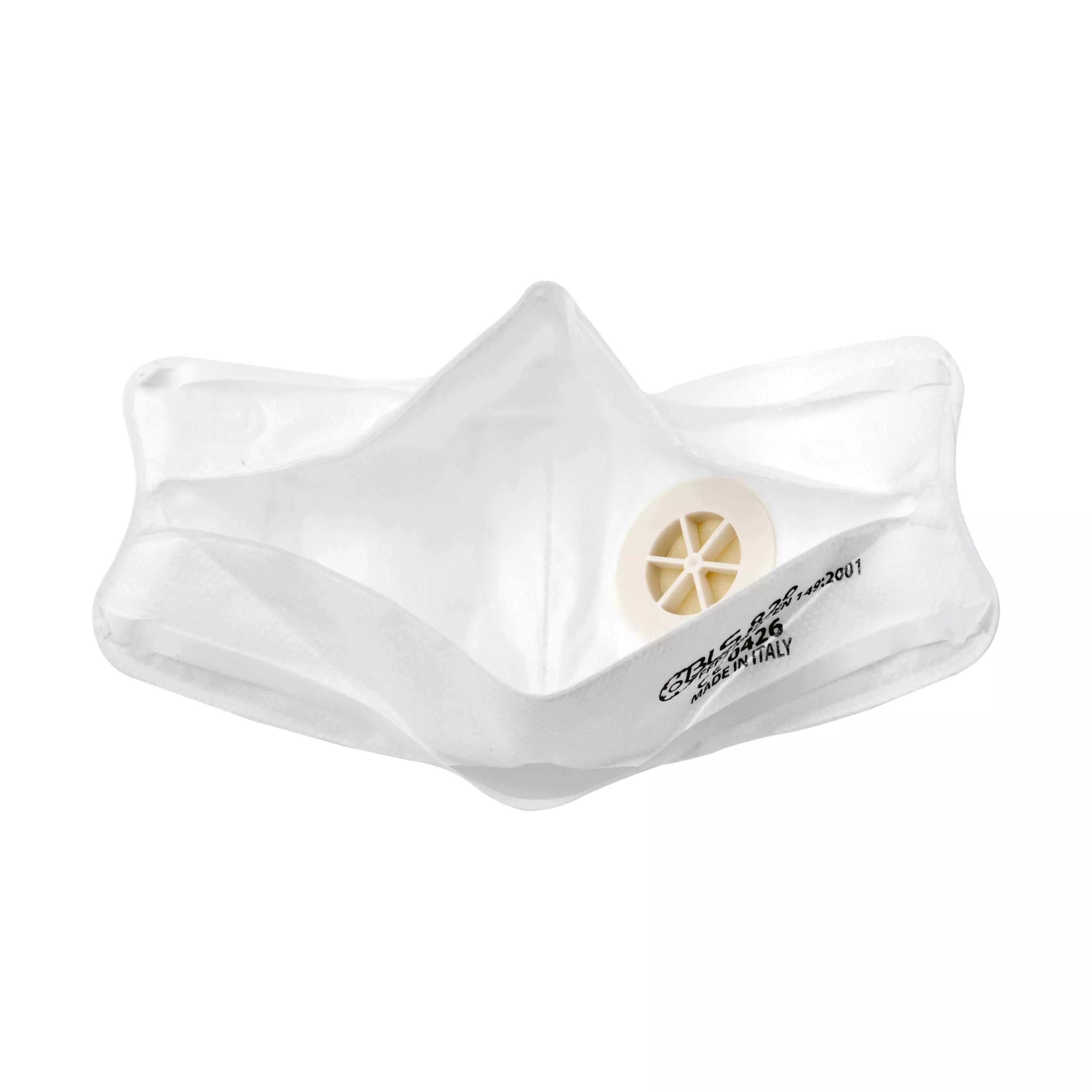 Eine weiße, leicht geöffnete BLS Flickit Atemschutzmaske FFP1, faltbar auf Taschengröße und einzeln verpackt.