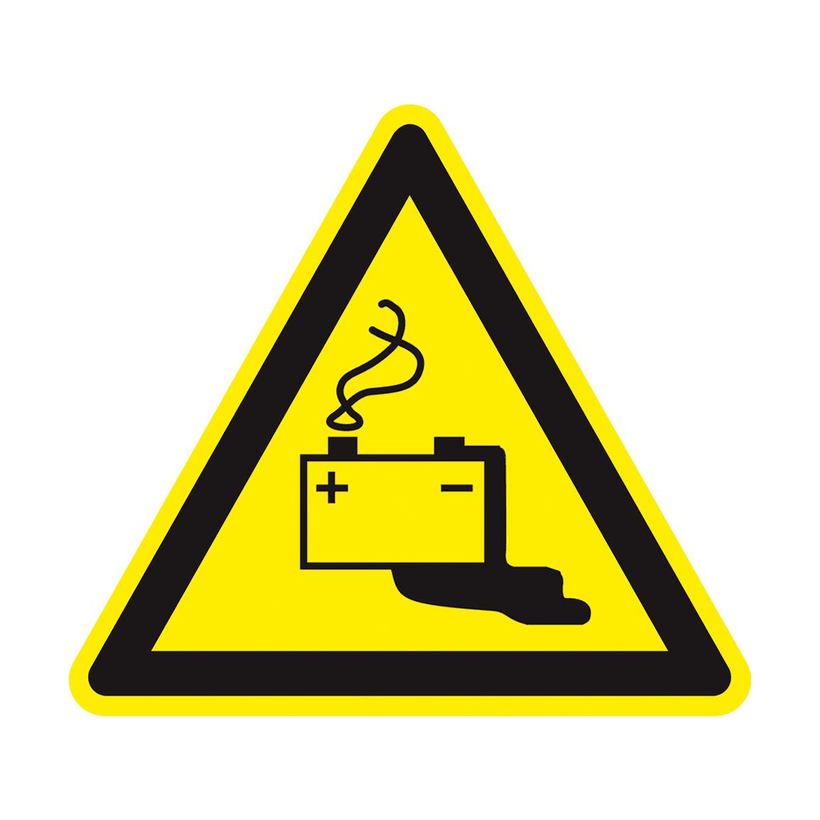 Gelbes Warnzeichen Warnung vor Gefahren durch Batterien mit schwarzem Batteriesymbol und fallendem Akku-Piktogramm in Dreiecksform.