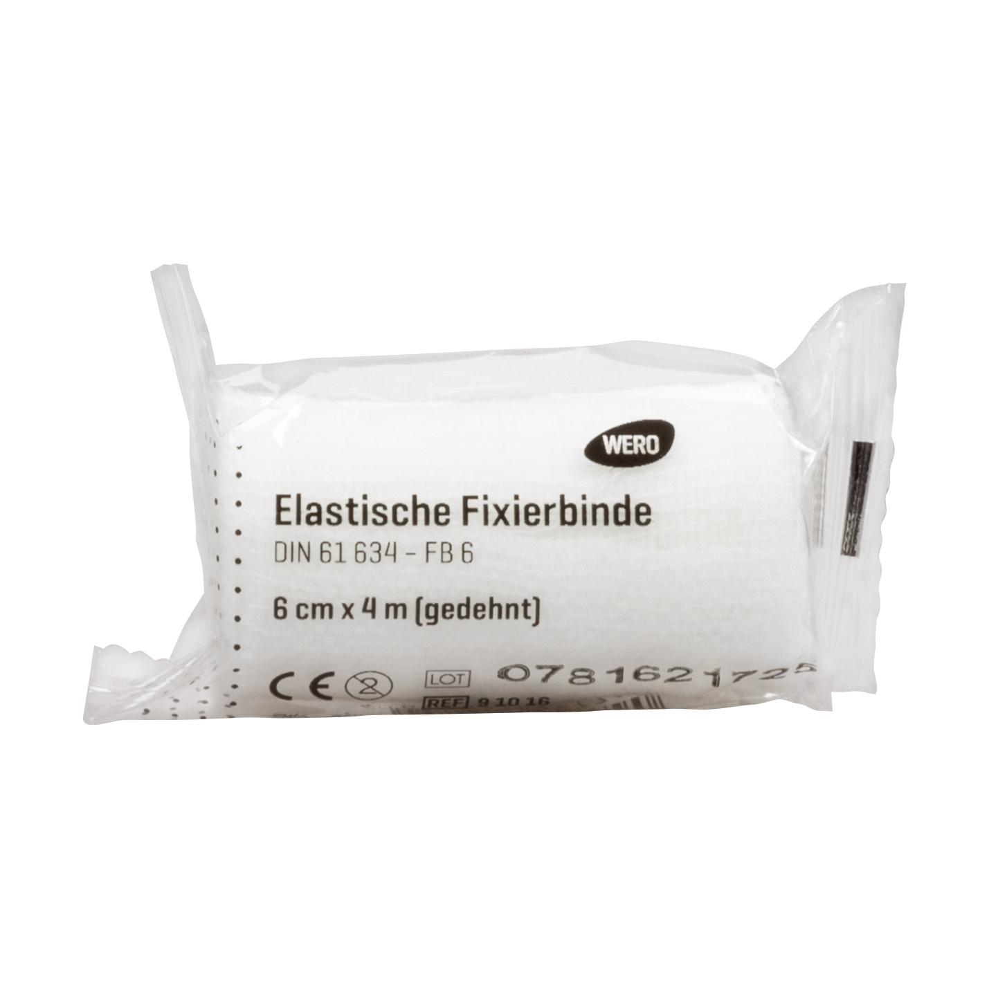 Eine einzeln verpackte Mullbinde Elastische Fixierbinde DIN 61634 - 6 cm mit ca. 180 % Dehnfähigkeit aus weichem, flexiblen, atmungsaktiven Gewebe.