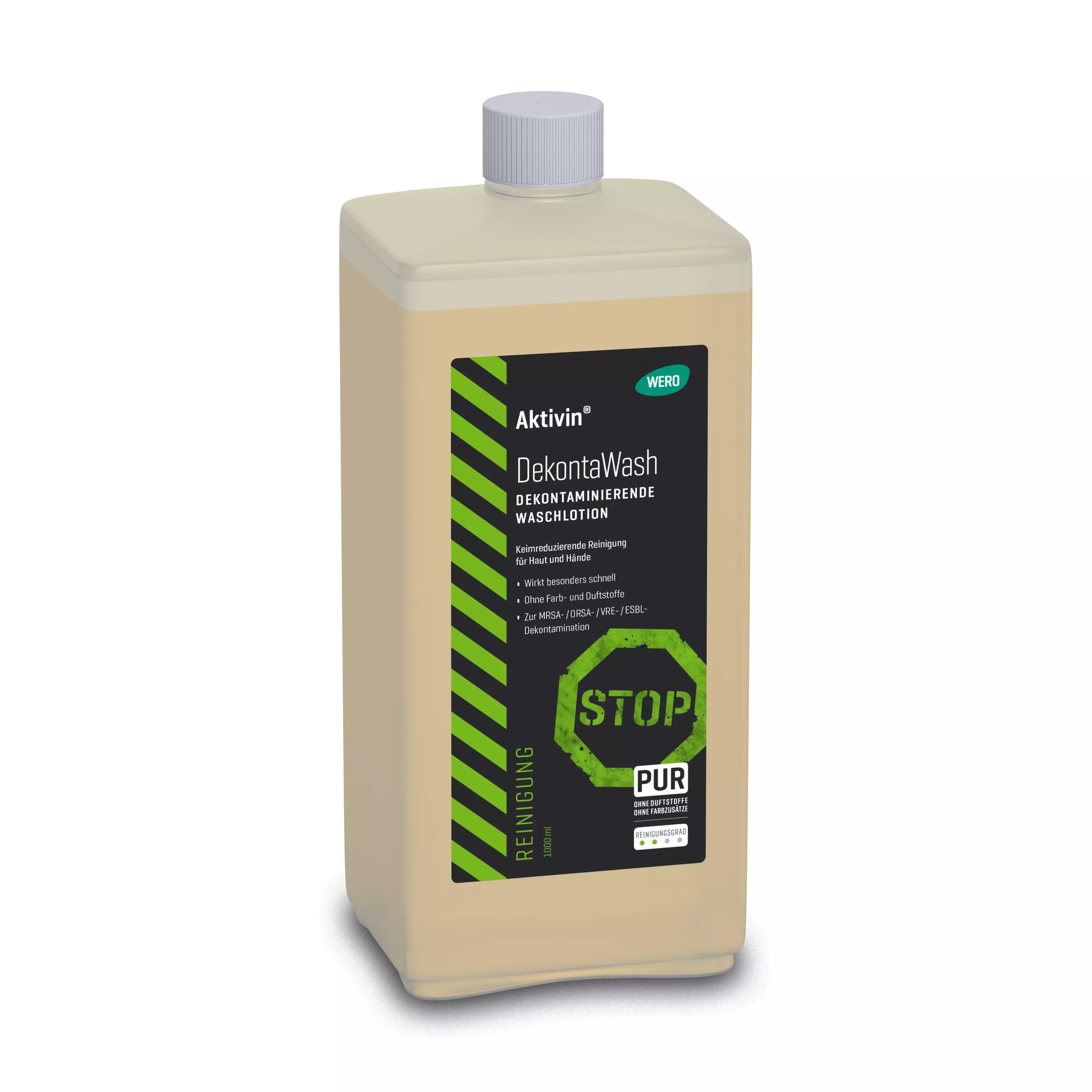 Eine eckige, beige Flasche Waschlotion Aktivin® DekontaWash mit weißem Schraubverschluss und Warnsymbolen, beschriftet als Desinfektionslösung, 1000 ml.