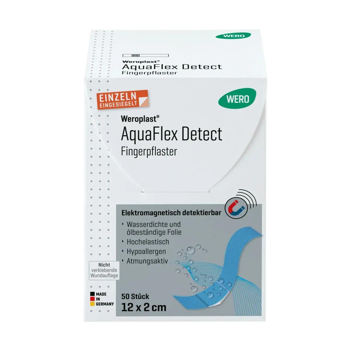 Weiße Schachtel AquaFlex Detect Fingerpflaster, wasserfest, 50 Stück à 12 x 2 cm, mit WERO-Logo und mehrsprachigen Produktangaben.