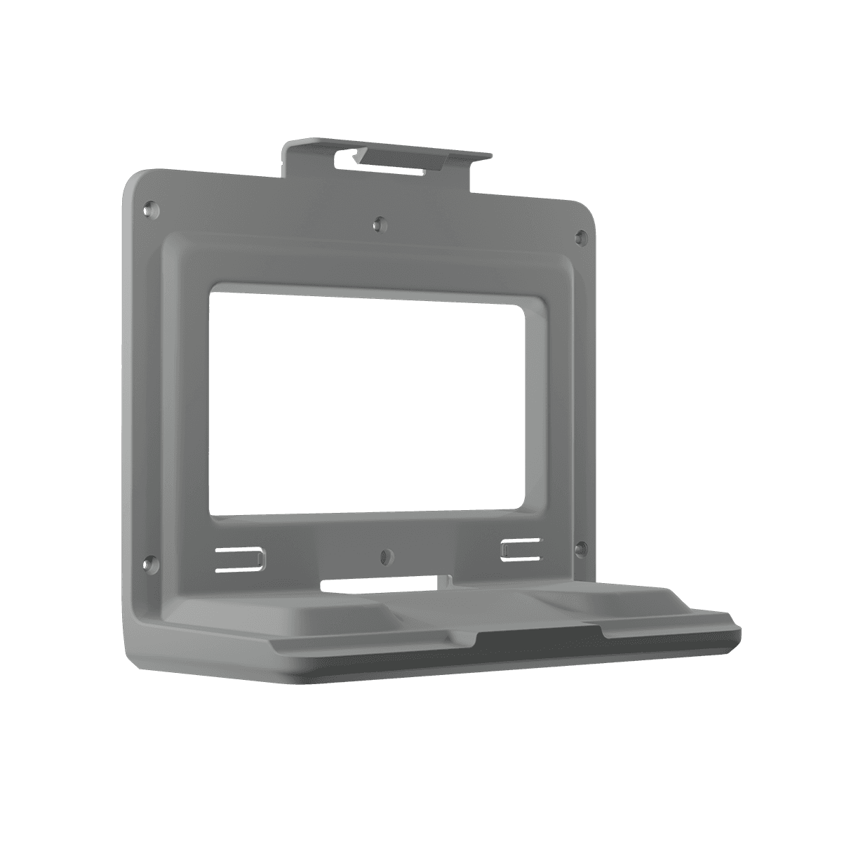 Grau Kunststoffrahmen der Wandhalterung Erste-Hilfe-Koffer - WERO Smart Case® - klein mit rechteckiger Öffnung und seitlichen Aussparungen.