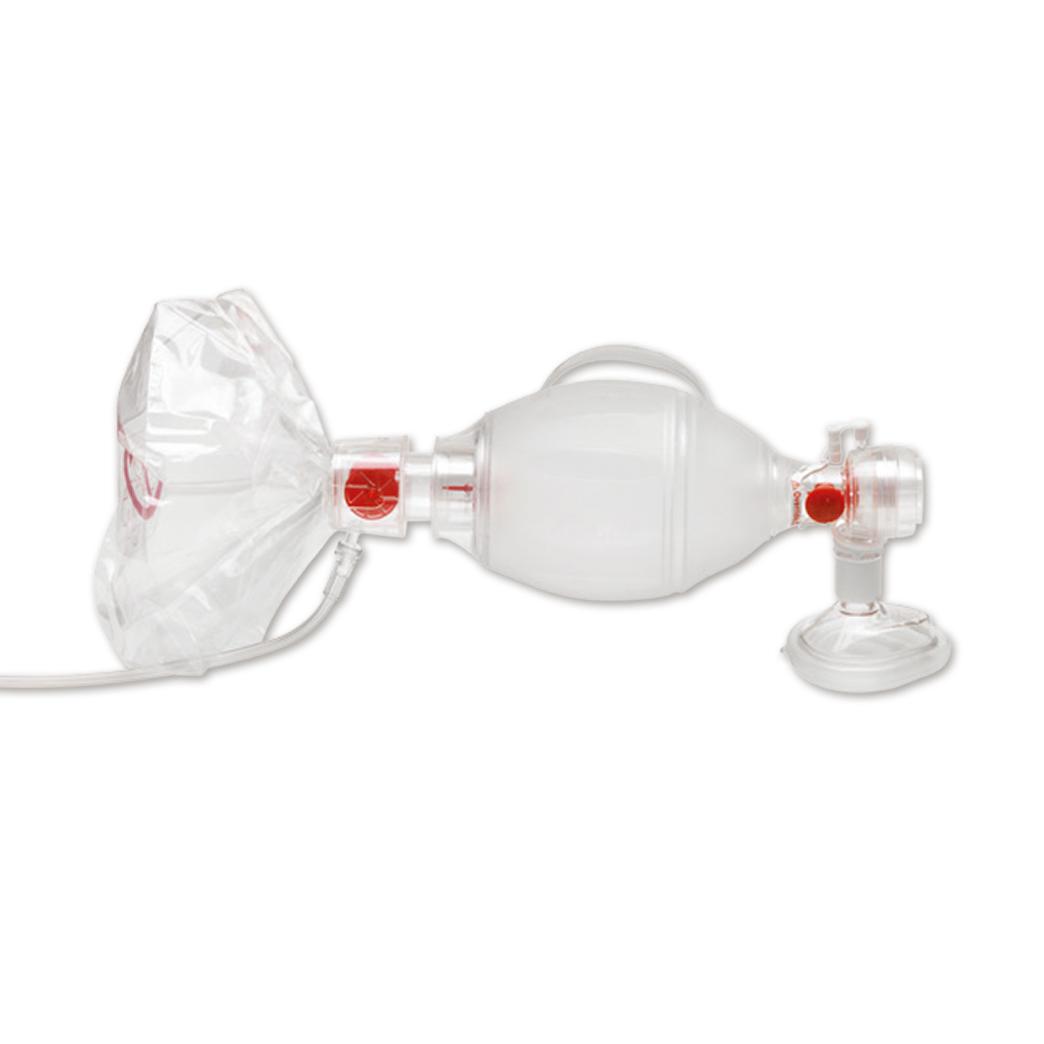 Ambu® SPUR® II Einmal-Beatmungsbeutel Kinder mit kinderspezifischer Einwegmaske, O₂-Reservoirbeutel und transparenter Sauerstoffzuleitung.