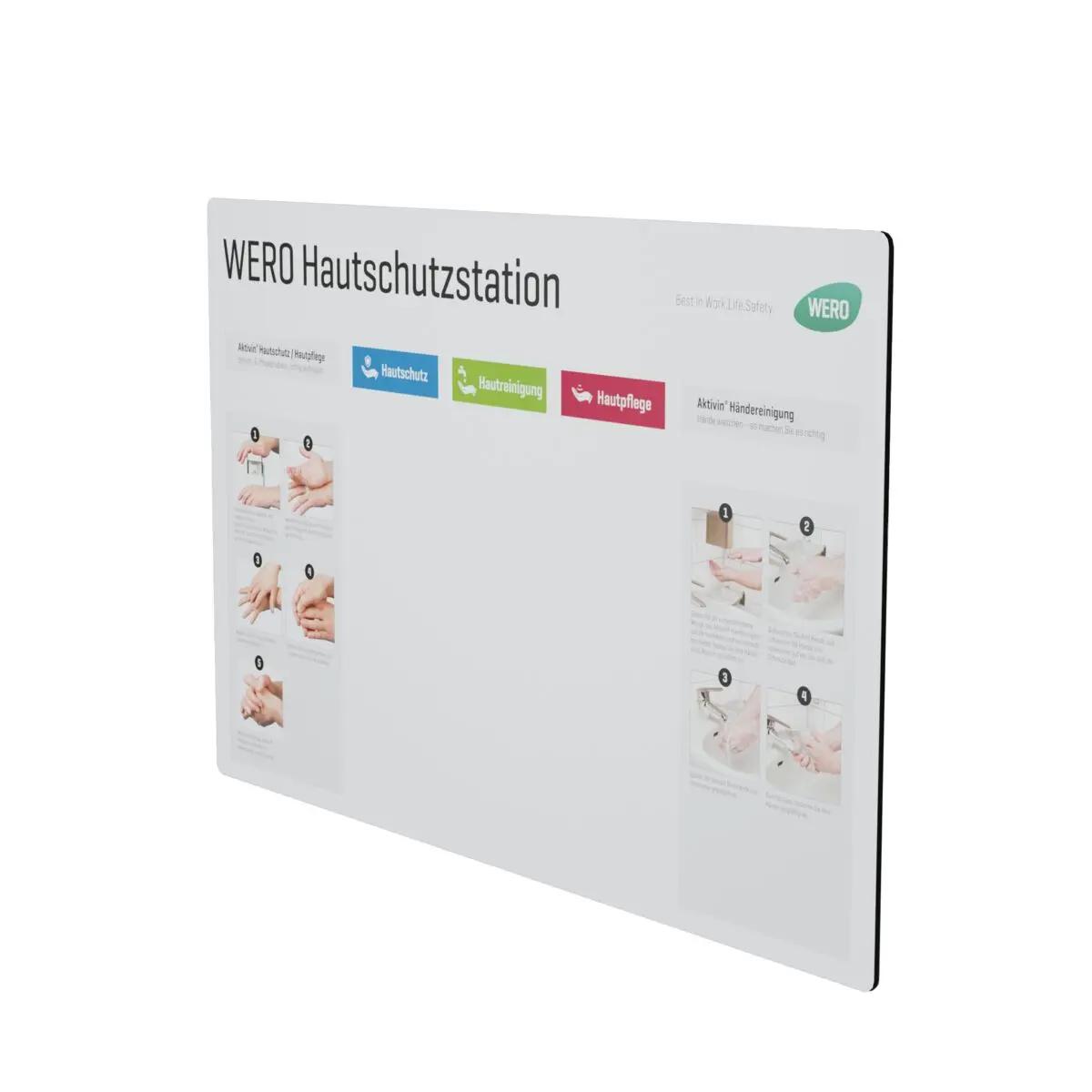Ein Schild der WERO Hautschutzstation - Druck 1 zeigt vier bebilderte Schritte zur richtigen Anwendung von Hautschutz, -reinigung und -pflege.