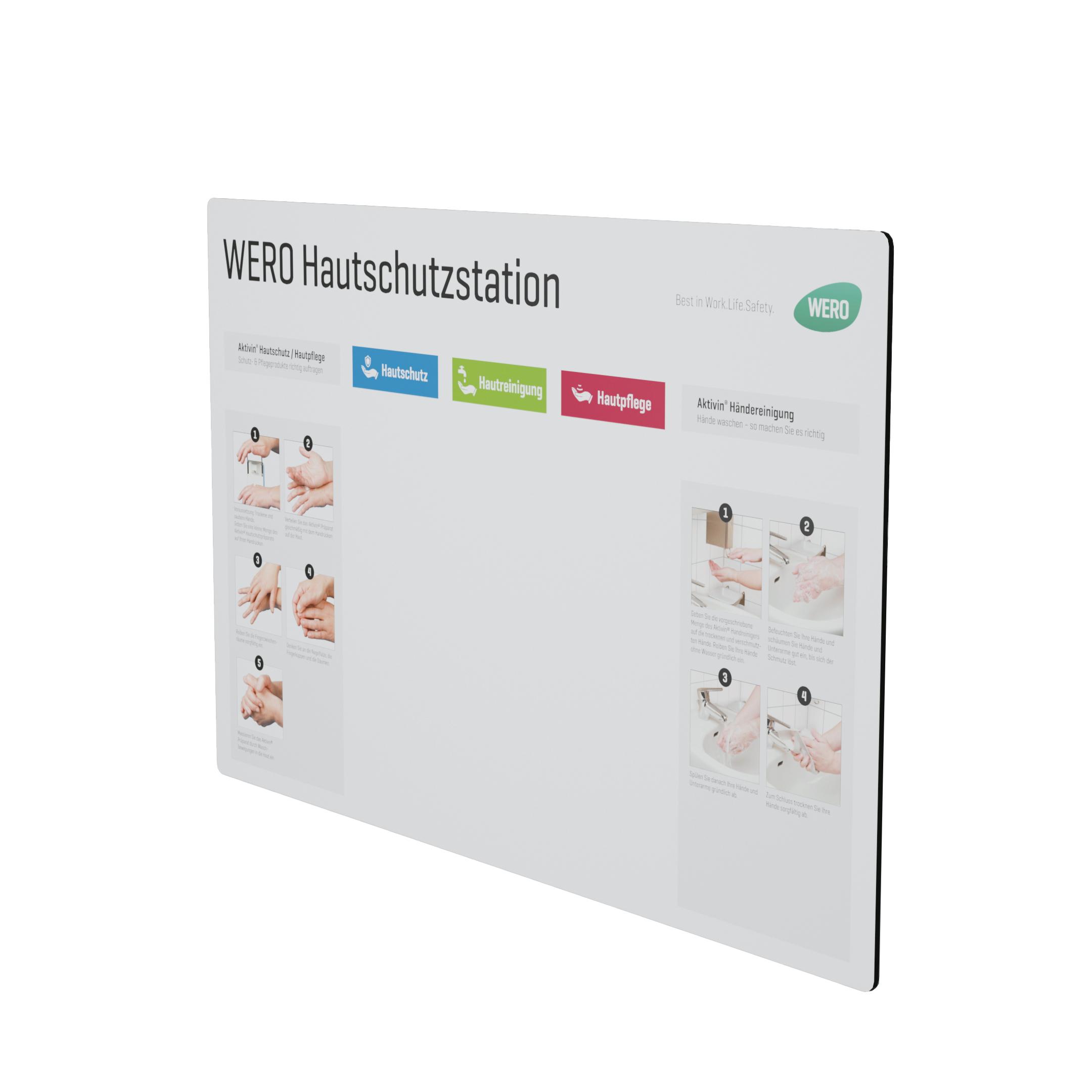 Ein Schild der WERO Hautschutzstation - Druck 1 zeigt vier bebilderte Schritte zur richtigen Anwendung von Hautschutz, -reinigung und -pflege.