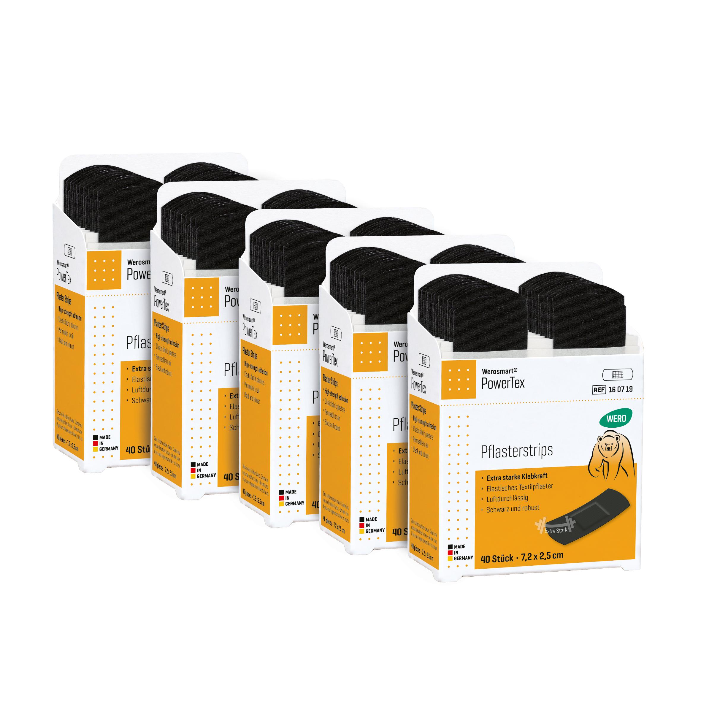 Sechs gestapelte Packungen Werosmart® PowerTex Pflasterspender-Einsätze Pflasterstrips mit orangener und weißer Farbgebung, grünem Bärenlogo und "40 Stk." Aufdruck.