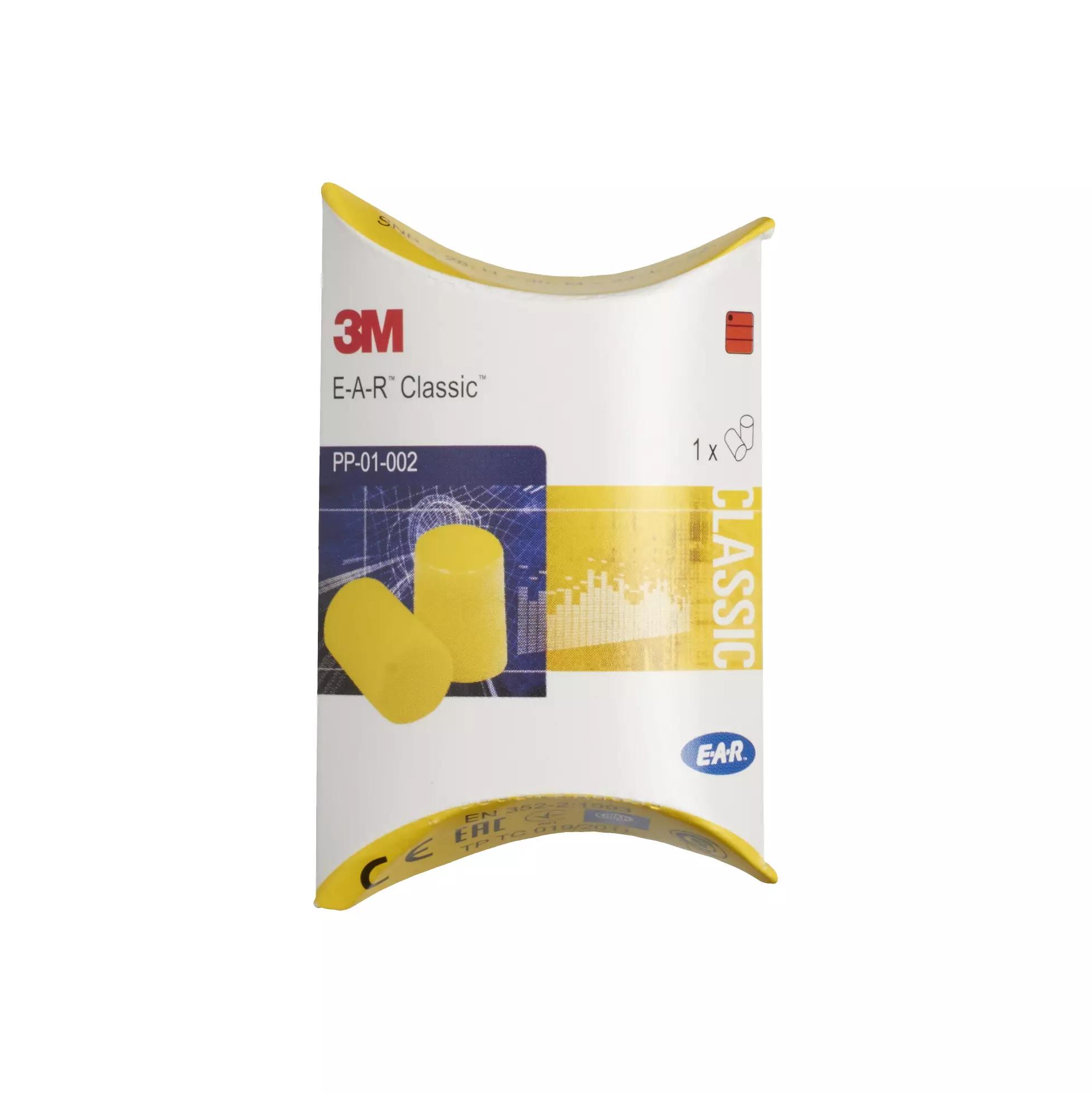 Weiße Box mit gelbem Deckel der 3M E-A-R Classic Gehörschutzstöpsel in Einwegspenderbox, Abbildung von gelben Ohrstöpseln, Packung mit 250 Paar.