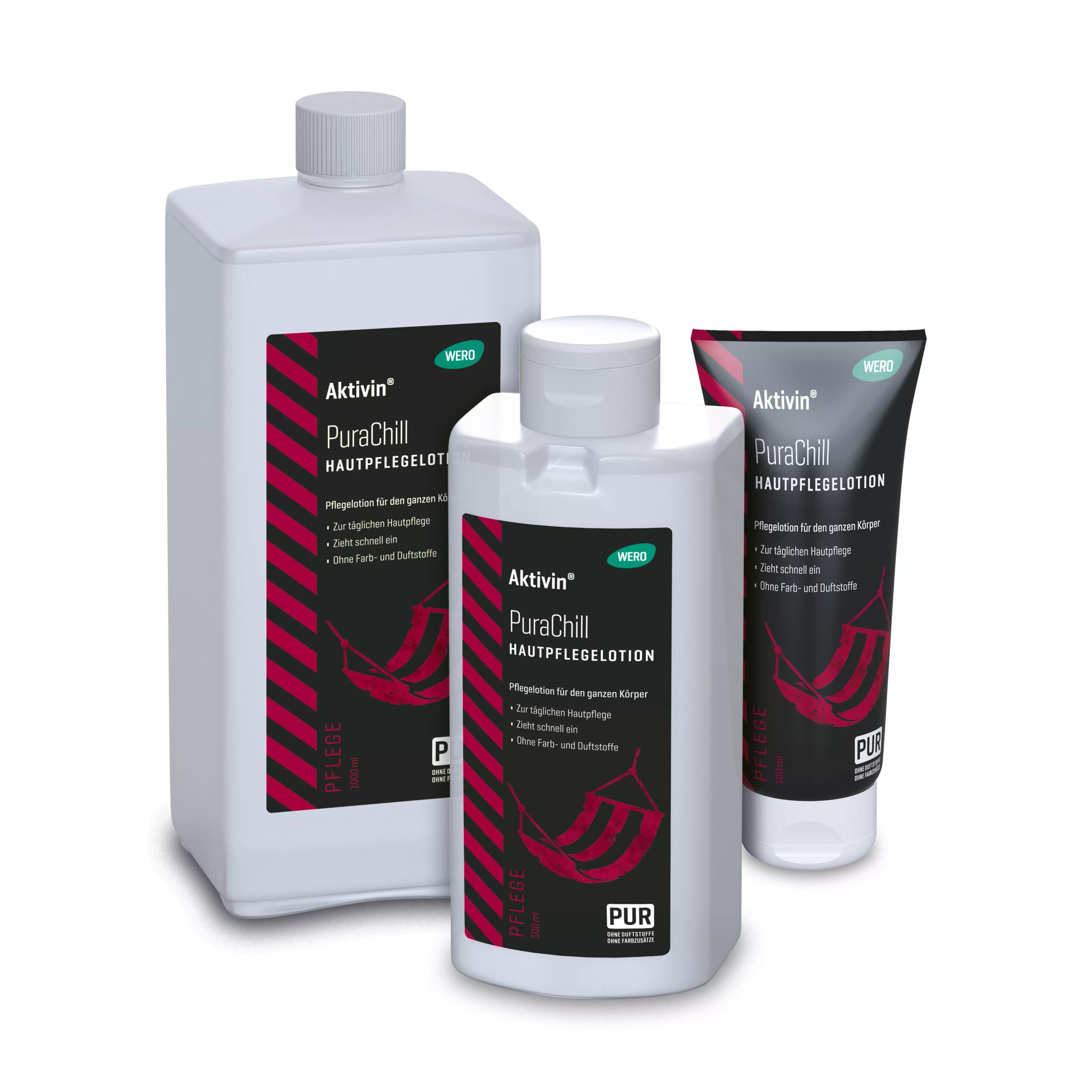 Drei Flaschen Hautpflegelotion Aktivin® PuraChill mit Shea Butter, Mandelöl und Vitamin E, jeweils mit gestreiftem Etikett und weißem Deckel.