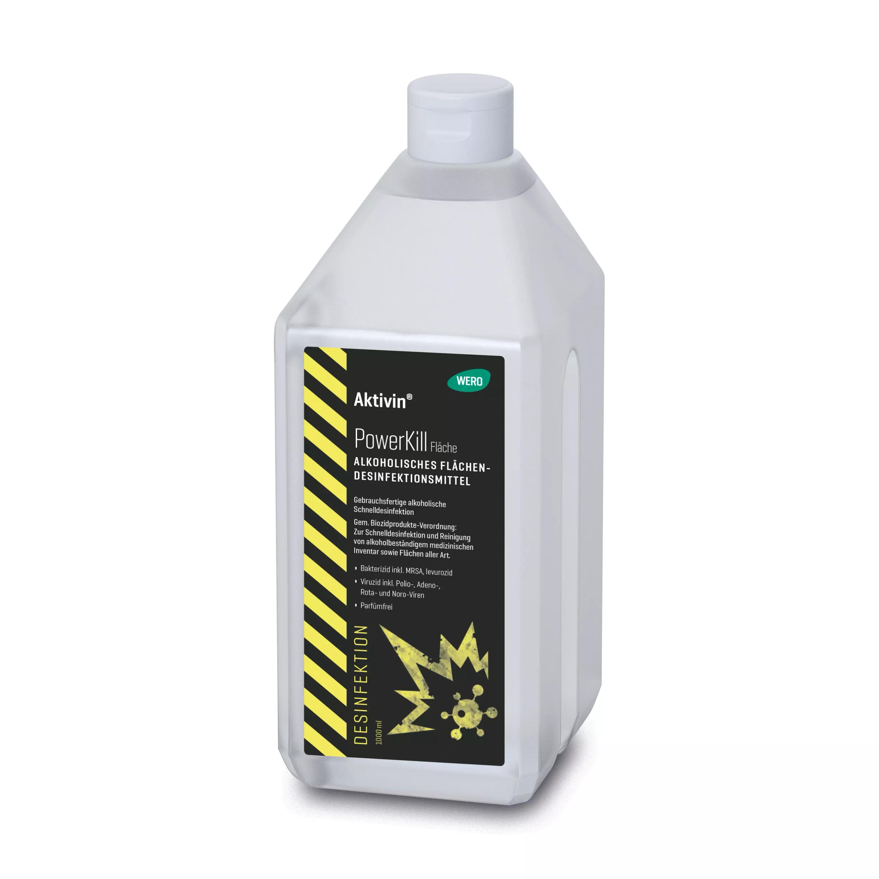 Eine stehende Flasche Flächendesinfektion Aktivin® PowerKill - Flasche, 1.000 ml mit weißem Klappverschluss und schwarzem Etikett mit gelber Aufschrift.