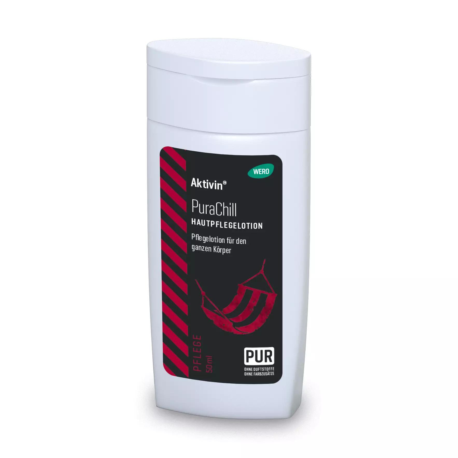 Weiße 50-ml-Flasche Hautpflegelotion Aktivin® PuraChill mit schwarzem Etikett, rotem Streifen, Shea Butter, Mandelöl und Vitamin E für alle Hauttypen.