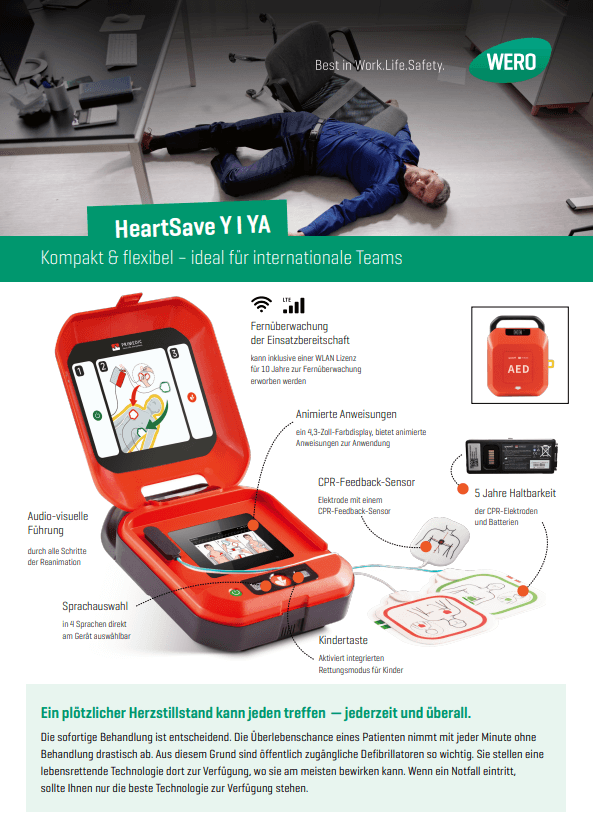 Tragbarer Defibrillator HeartSave YI YA von WERO mit offenem Display und Notfall-Anwendung, geeignet für den flexiblen Einsatz im Team.