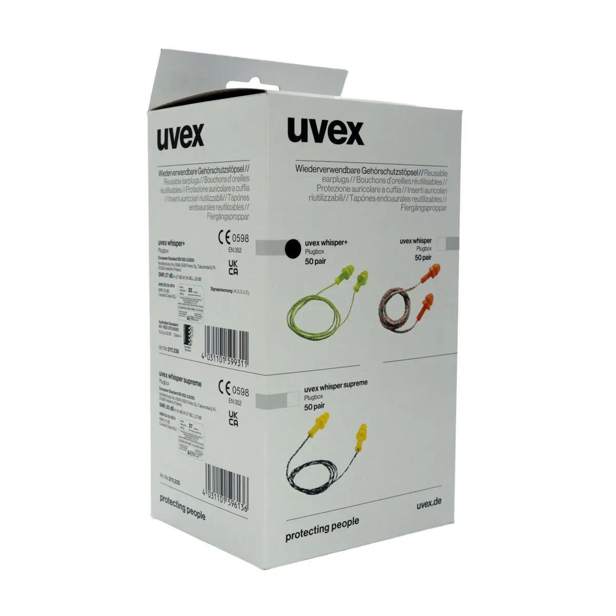 Weiße Box uvex whisper+ Gehörschutzstöpsel mit Kordel, 50 Paar, mit Sichtfenster, grüne Stöpsel darin sichtbar, mehrsprachige Aufschrift.