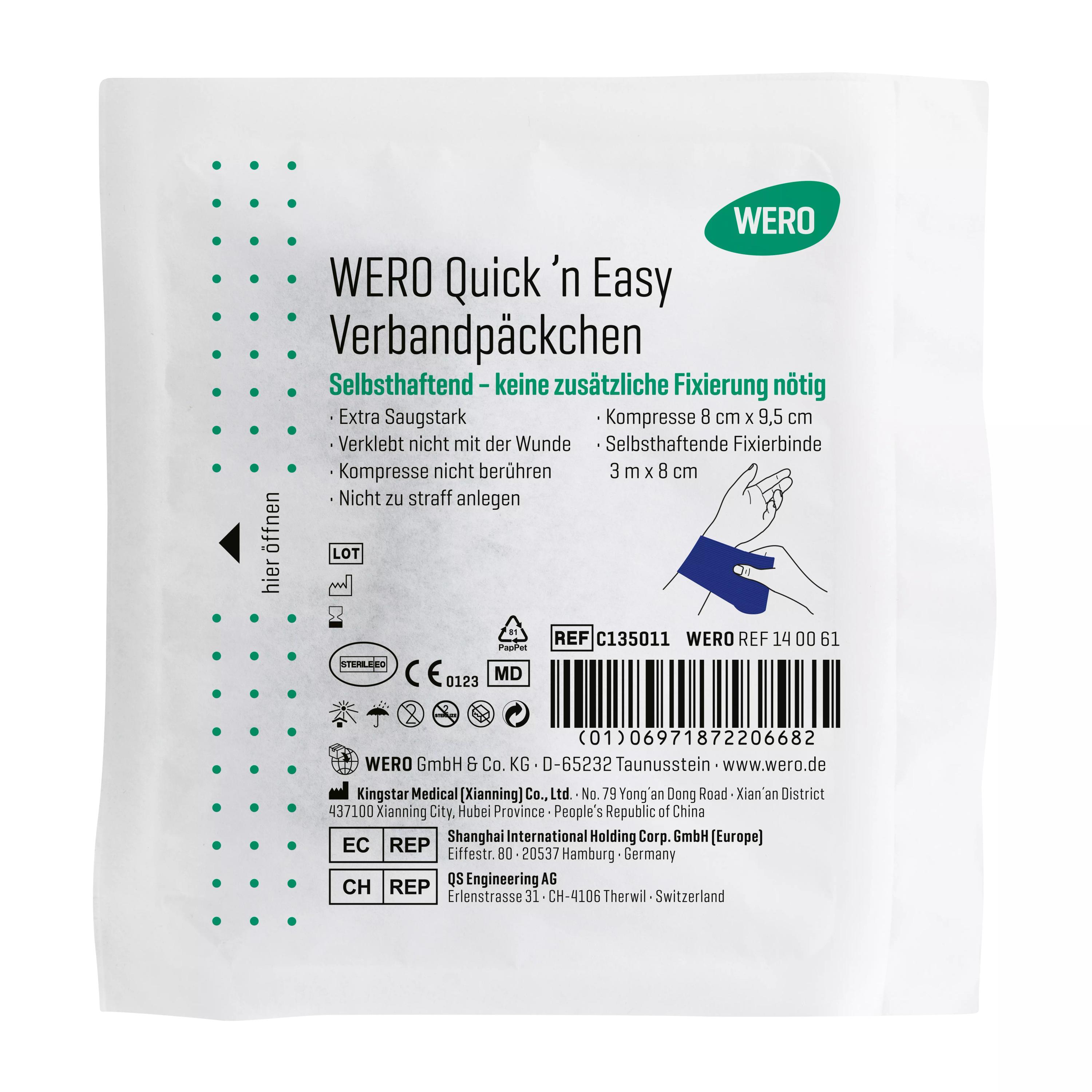 Weiße Packung WERO Quick ‘n Easy Verbandpäckchen, steril, schnell anlegbar, extra saugstark, selbsthaftend, grüne und schwarze Aufdrucke auf der Vorderseite.