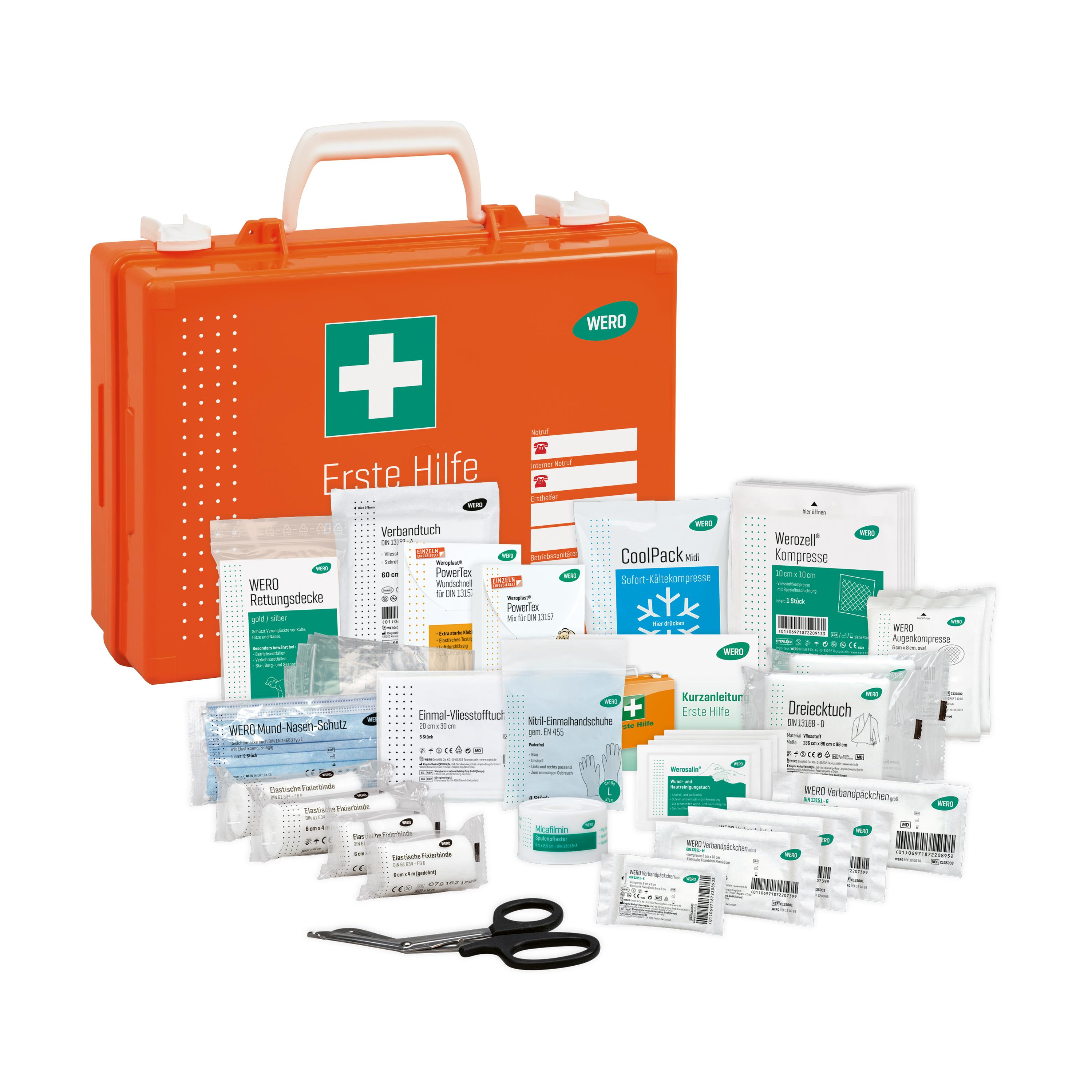 Ein orangefarbener Werotop® 350 Erste Hilfe Koffer mit stabilem ABS-Kunststoff, übersichtlicher Inneneinteilung und robustem Tragegriff zeigt reichhaltigen Verbandmaterialien.