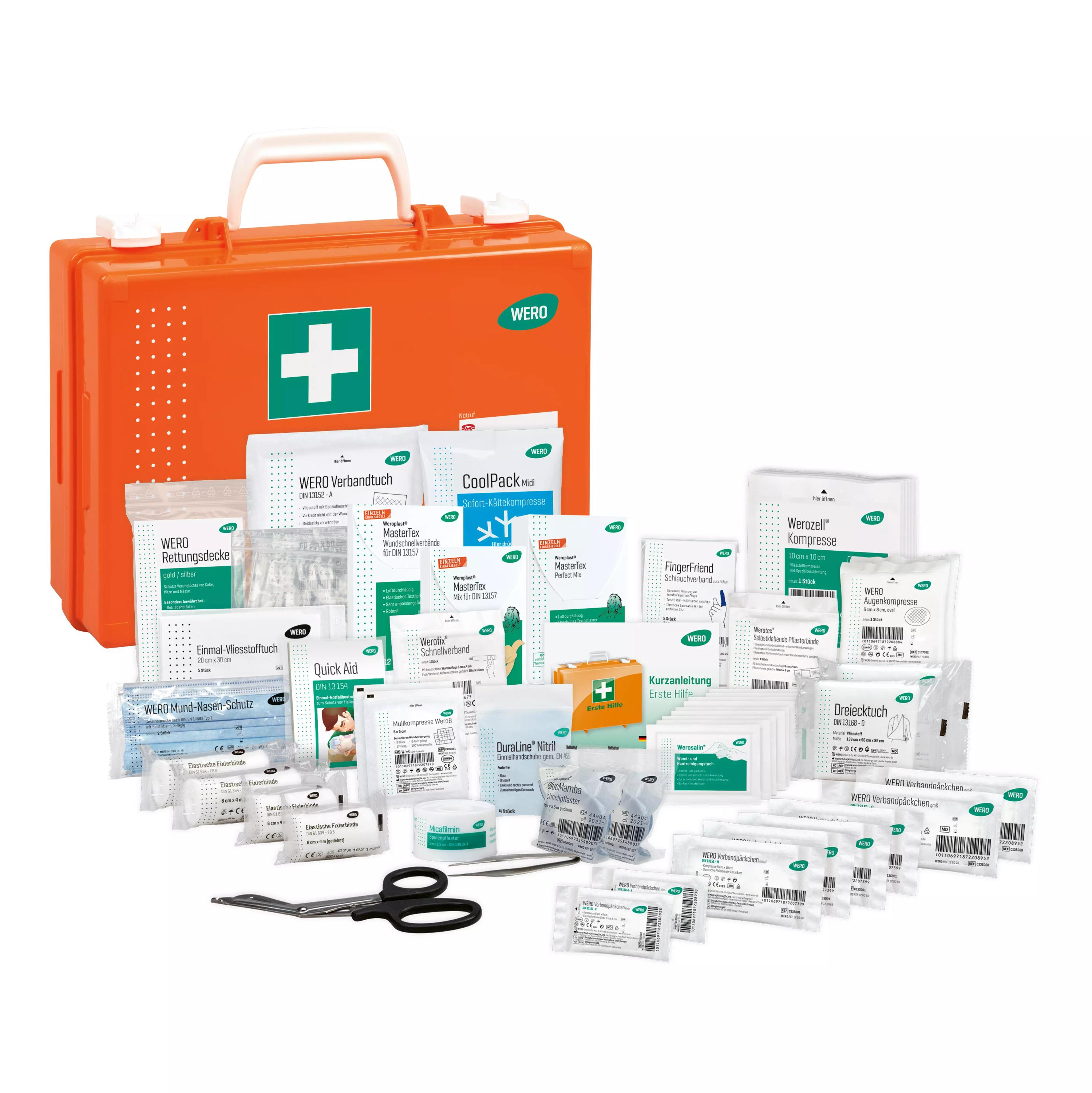 Ein geöffneter Werotop® 350 Erste Hilfe Koffer mit grüner Kreuzsymbolik zeigt übersichtlich sortierte Verbände, Pflaster und Splitterpinzette.