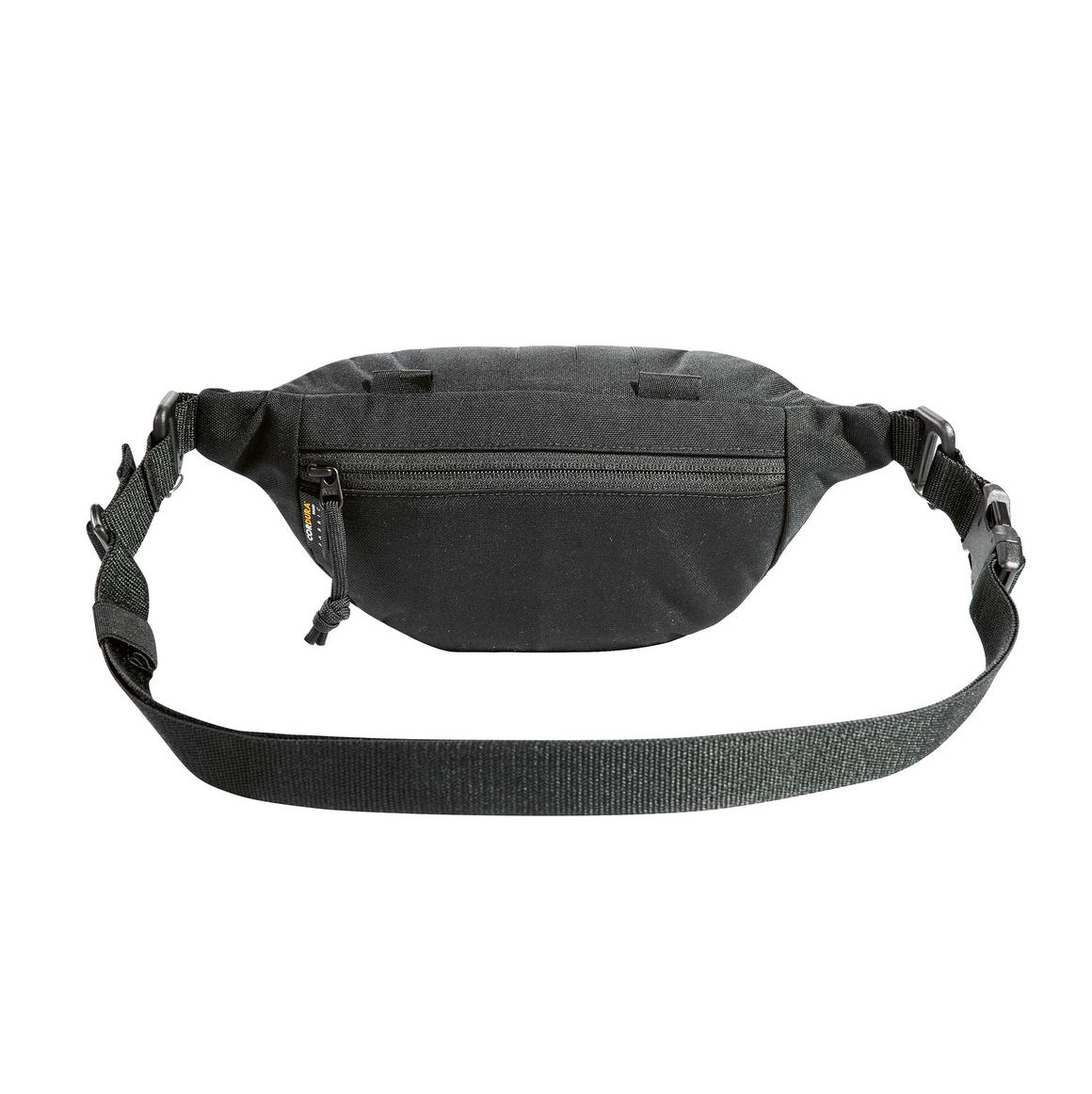 Die TT Modular Hip Bag aus schwarzem Stoff zeigt Rückansicht mit abnehmbarem Gurt, kleinem Frontreißverschlussfach und integriertem Karabiner.