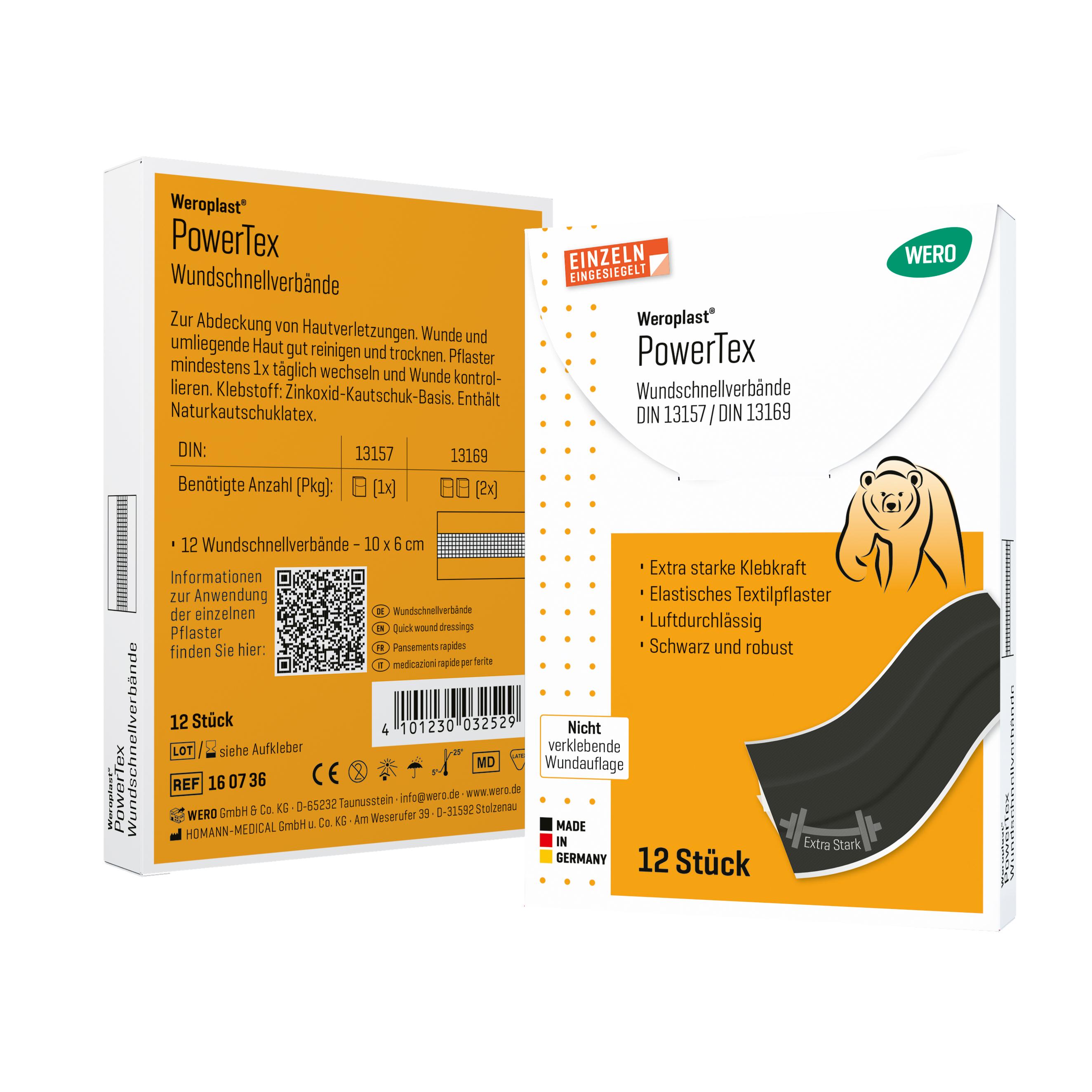 Eine 12er-Packung Weroplast® PowerTex Pflaster - Wundschnellverbände DIN 13169 mit extra starker Klebkraft und robustem, schwarzem Textilgewebe.