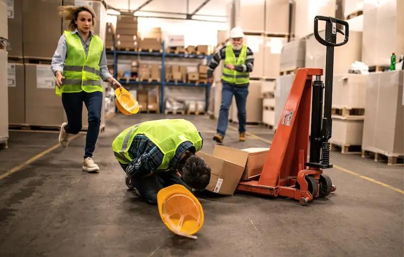 Ein Lagerarbeiter im gelben Warnwesten liegt gestürzt neben defektem Hubwagen, zwei Kollegen eilen zur Hilfe, umgeben von Regalen und Kartons.