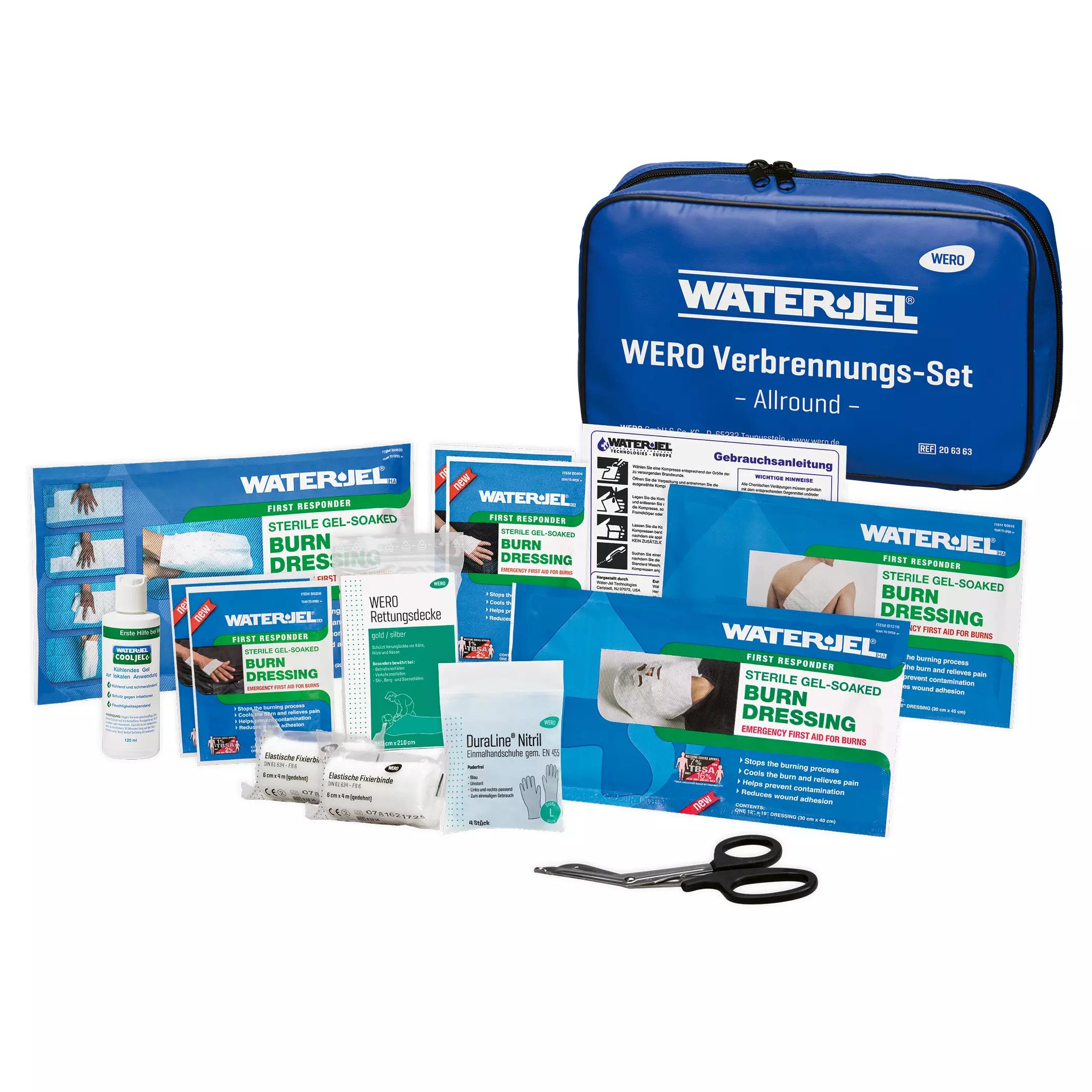 WERO Verbrennungs-Set, Allround - Tasche enthält kühlendes Gel, Gesichtskompresse und Kompressen in verschiedenen Größen, ordentlich sortiert.