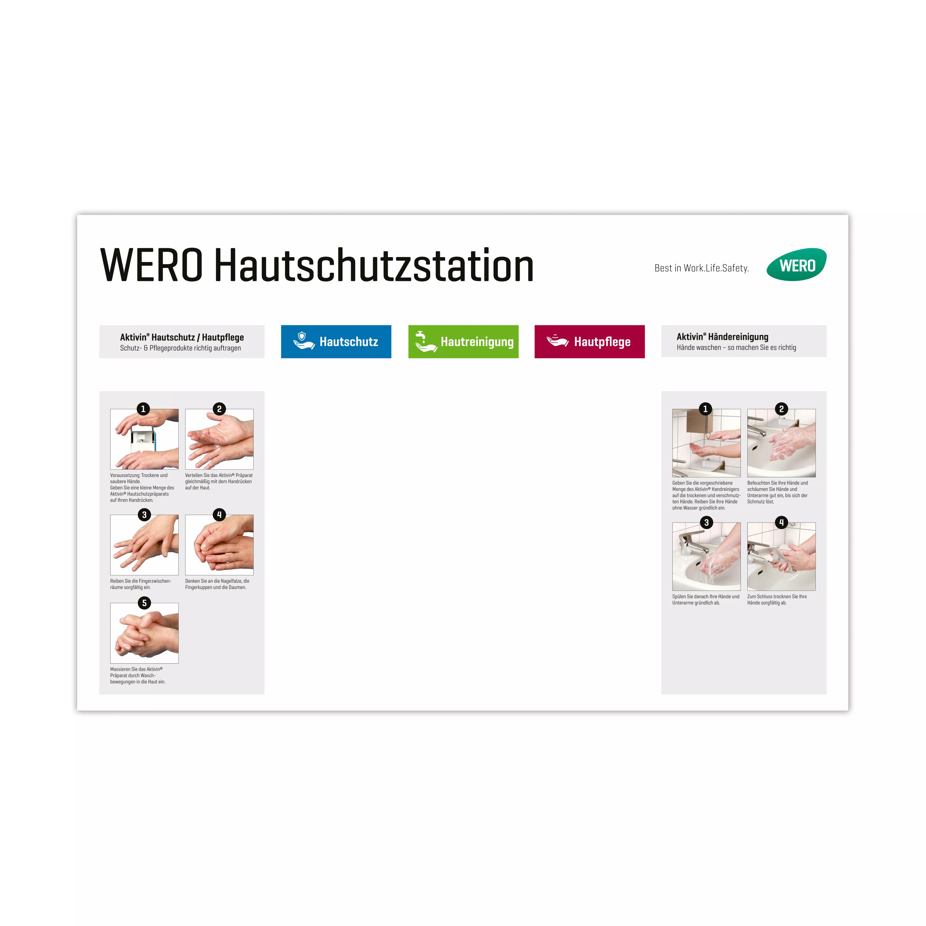 Plakat WERO Hautschutzstation - Druck 1 mit sechs bebilderten Anleitungen zu Hautschutz, Hautreinigung und Hautpflege im Arbeitsalltag.