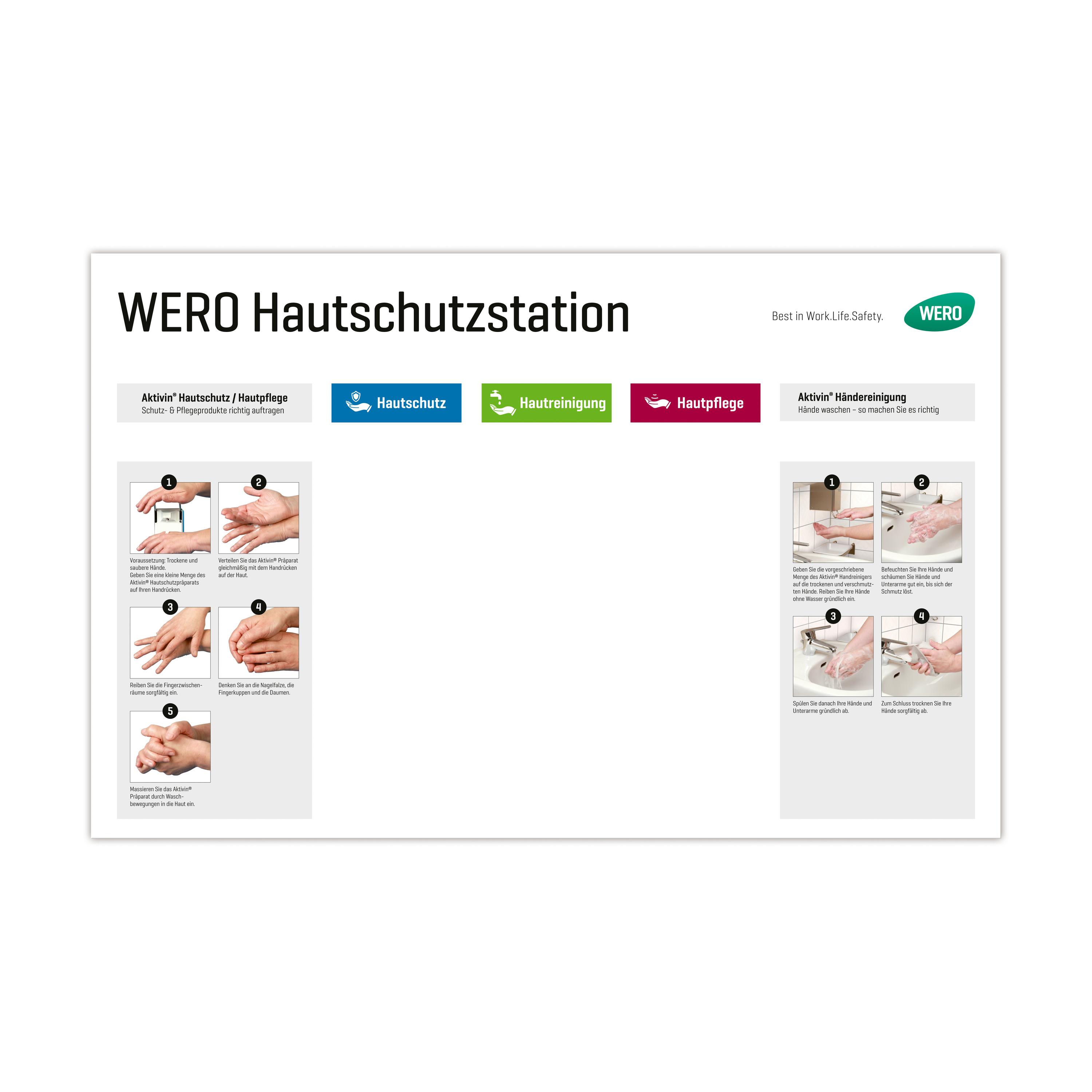 Plakat WERO Hautschutzstation - Druck 1 mit sechs bebilderten Anleitungen zu Hautschutz, Hautreinigung und Hautpflege im Arbeitsalltag.