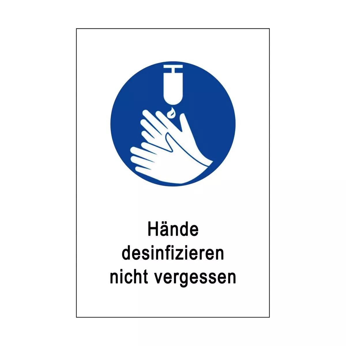Blaues Hinweisschild Hinweisschild: Hände desinfizieren nicht vergessen – PVC mit weißem Symbol waschender Hände und weißer Schrift.
