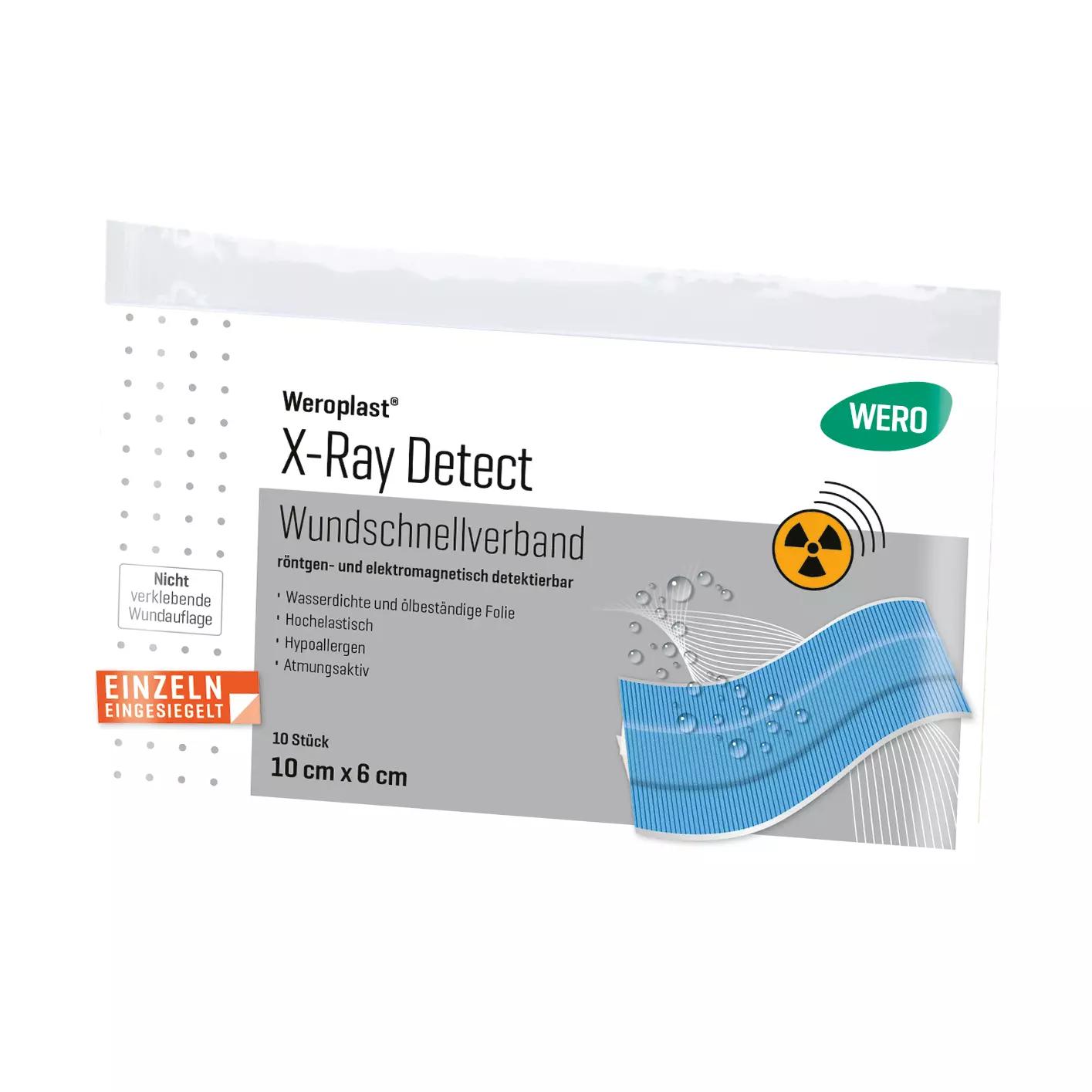 Weiße rechteckige Verpackung vom Wundschnellverband Weroplast® X-Ray Detect mit blauem Etikett, gelbem Strahlensymbol und Herstellerlogo.