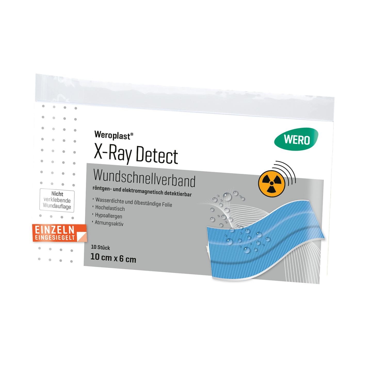 Weiße rechteckige Verpackung vom Wundschnellverband Weroplast® X-Ray Detect mit blauem Etikett, gelbem Strahlensymbol und Herstellerlogo.