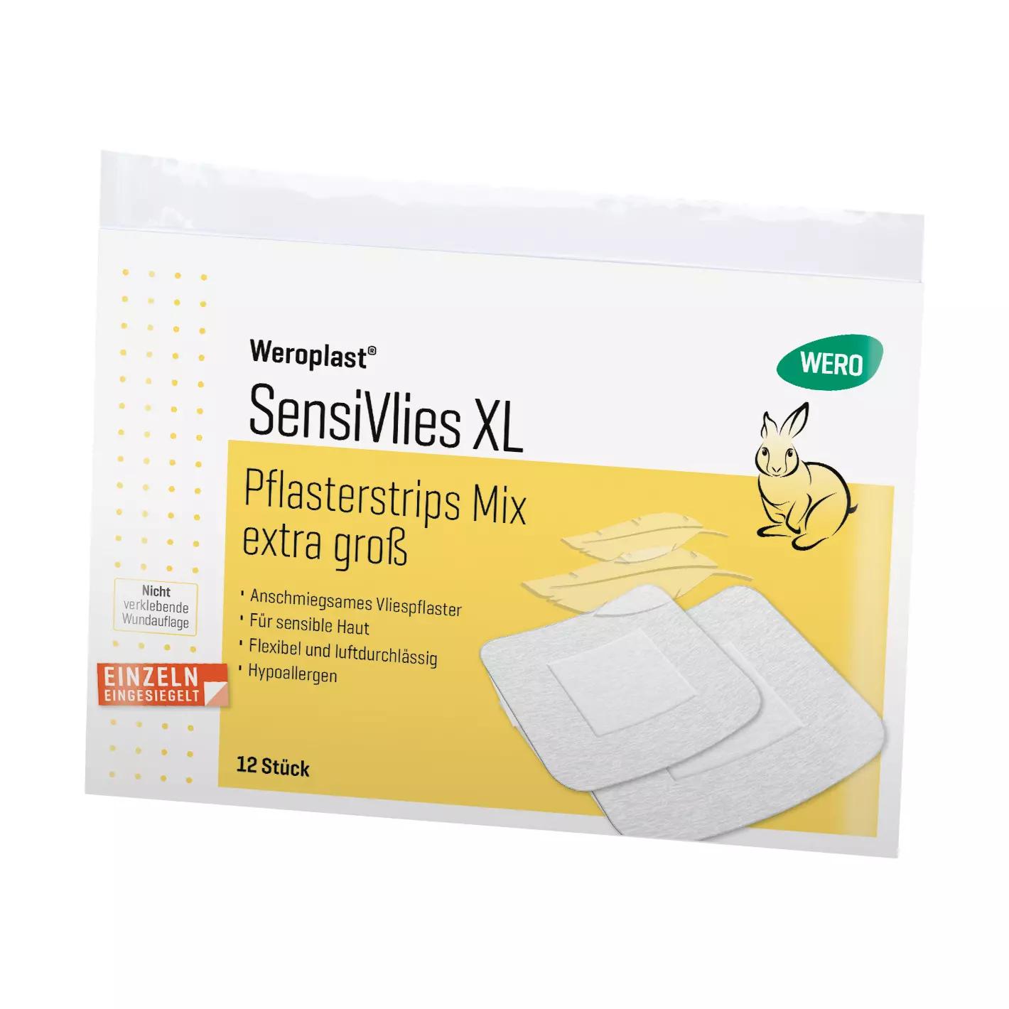 Eine gelbe Packung Pflasterstrips Weroplast® SensiVlies XL, hypoallergen, besonders zart und für sensible Haut geeignet, zeigt einen Hasen und enthält 12 Stück.