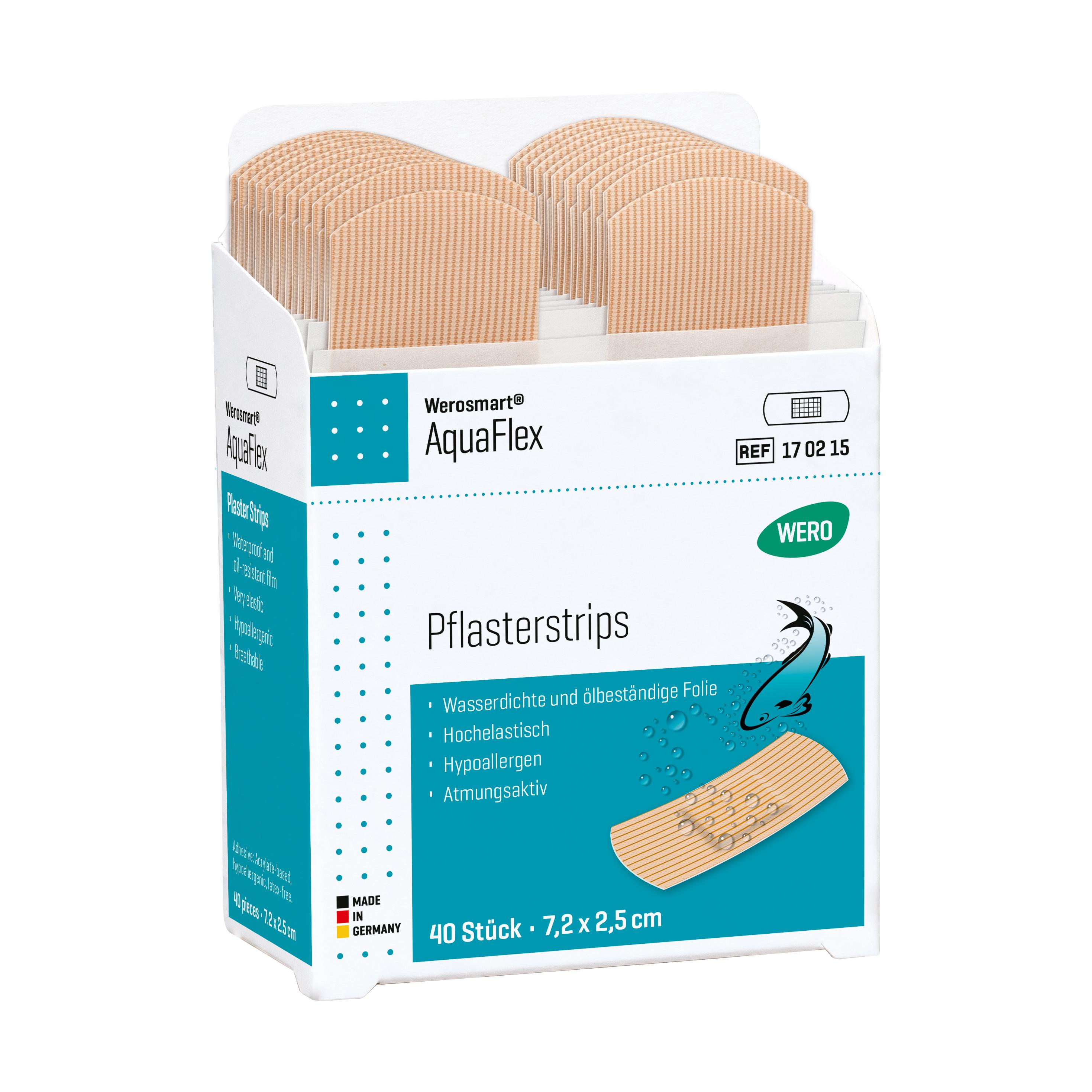 Werosmart® AquaFlex Pflasterspender-Einsätze Pflasterstrips in weiß-blauer Box mit Angabe 40 Stück, wasserdicht, ölbeständig und hautschonend.