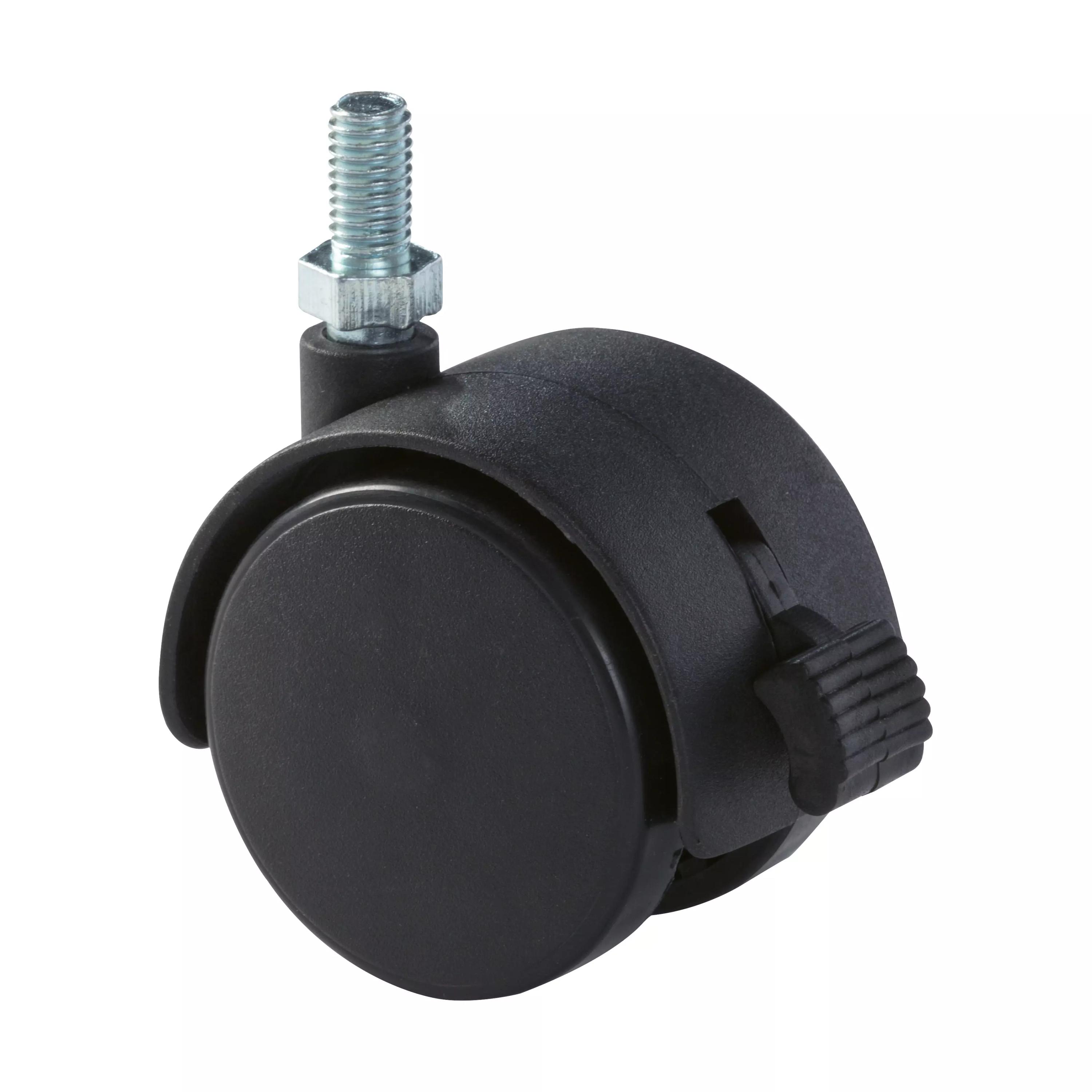 Schwarze Rolle (gebremst) für Weroflex® Station aus Kunststoff mit silberner Befestigung und seitlichem Kunststoffhebel zur Mechanikbedienung.