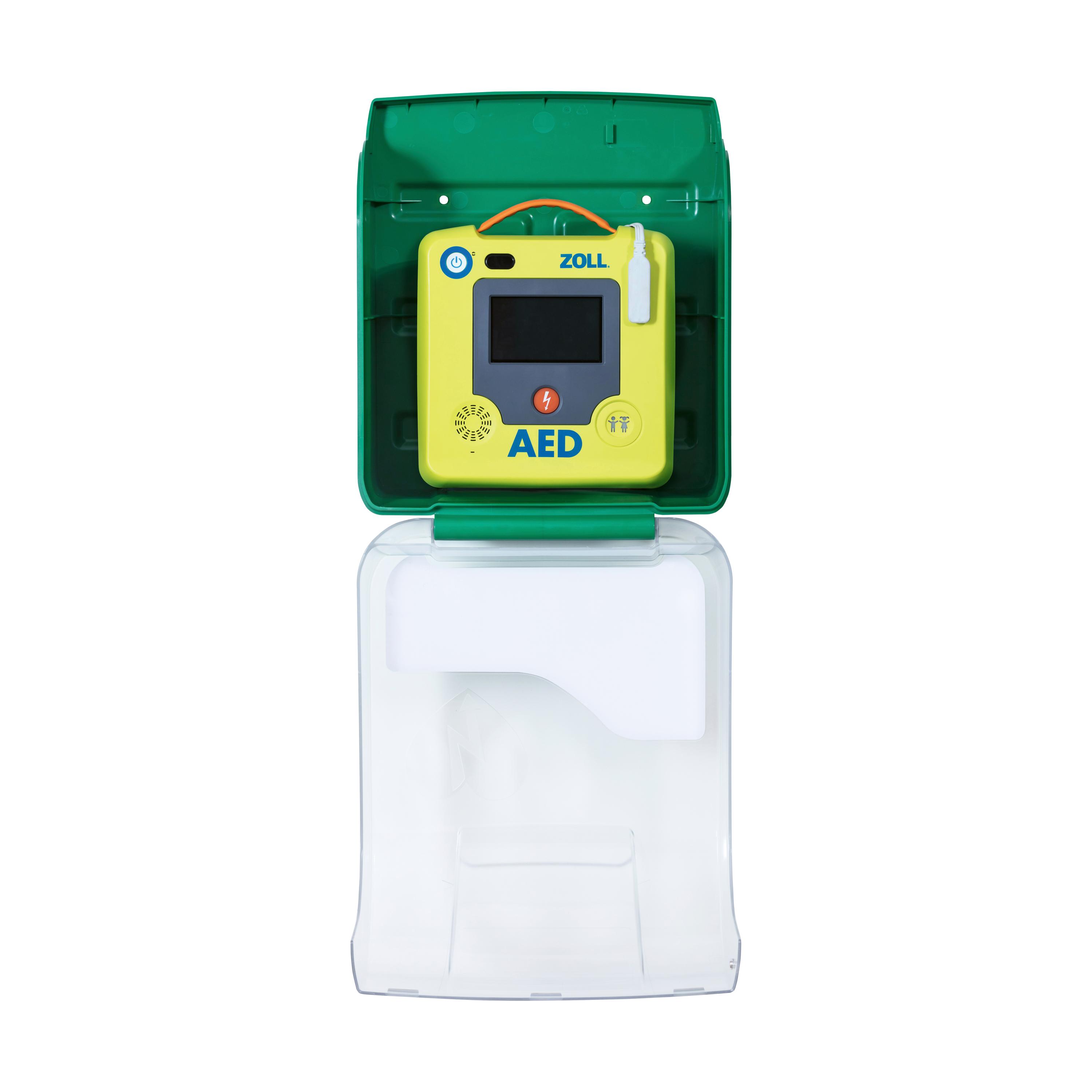 Ein AED-Wandschrank AIVIA IN 100 mit grünem Gehäuse, transparenter Front und gelbem Defibrillator mit grauem Display und orangefarbenem Knopf.