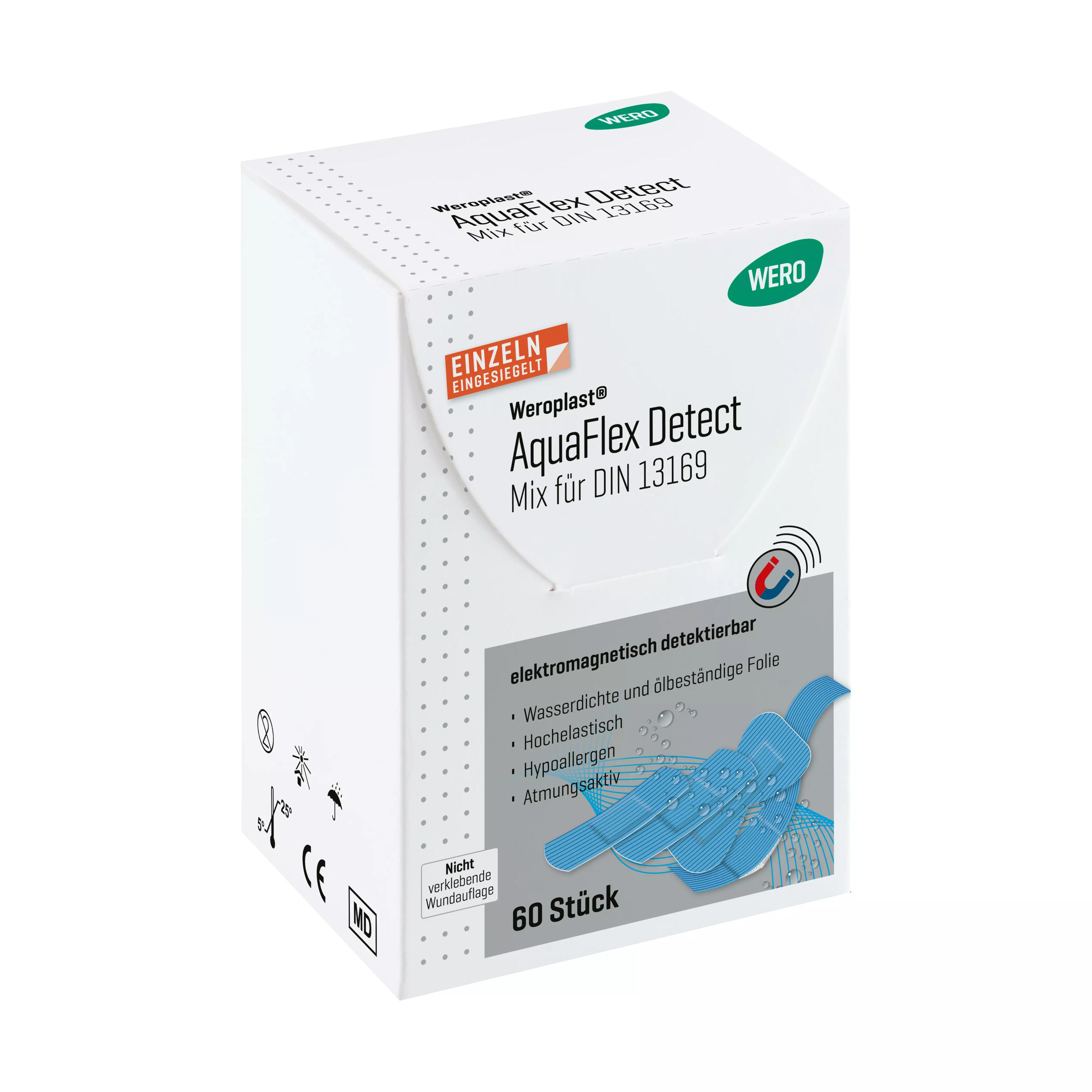 Weroplast® AquaFlex Detect Pflaster - Mix DIN 13169 in weißer Box mit blauer, wasserdichter PU-Folie, elektromagnetisch detektierbar, Aluminiumstreifen sichtbar.