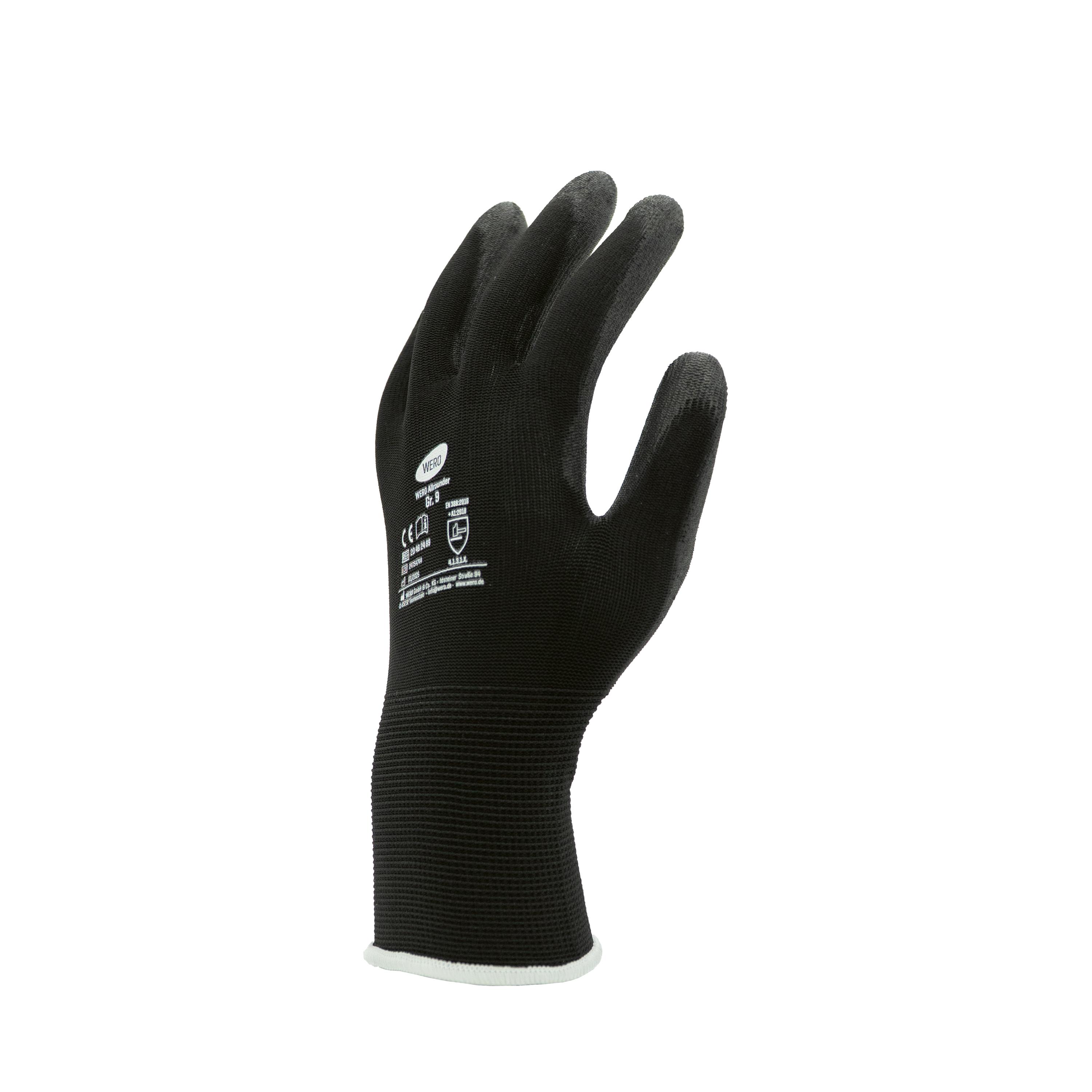 Schwarzer Feinstrickhandschuh WERO Allrounder mit orangefarbener Stulpe, PU-beschichtet, leicht, flexibel, seitlich gefaltet mit sichtbarem Daumenloch.