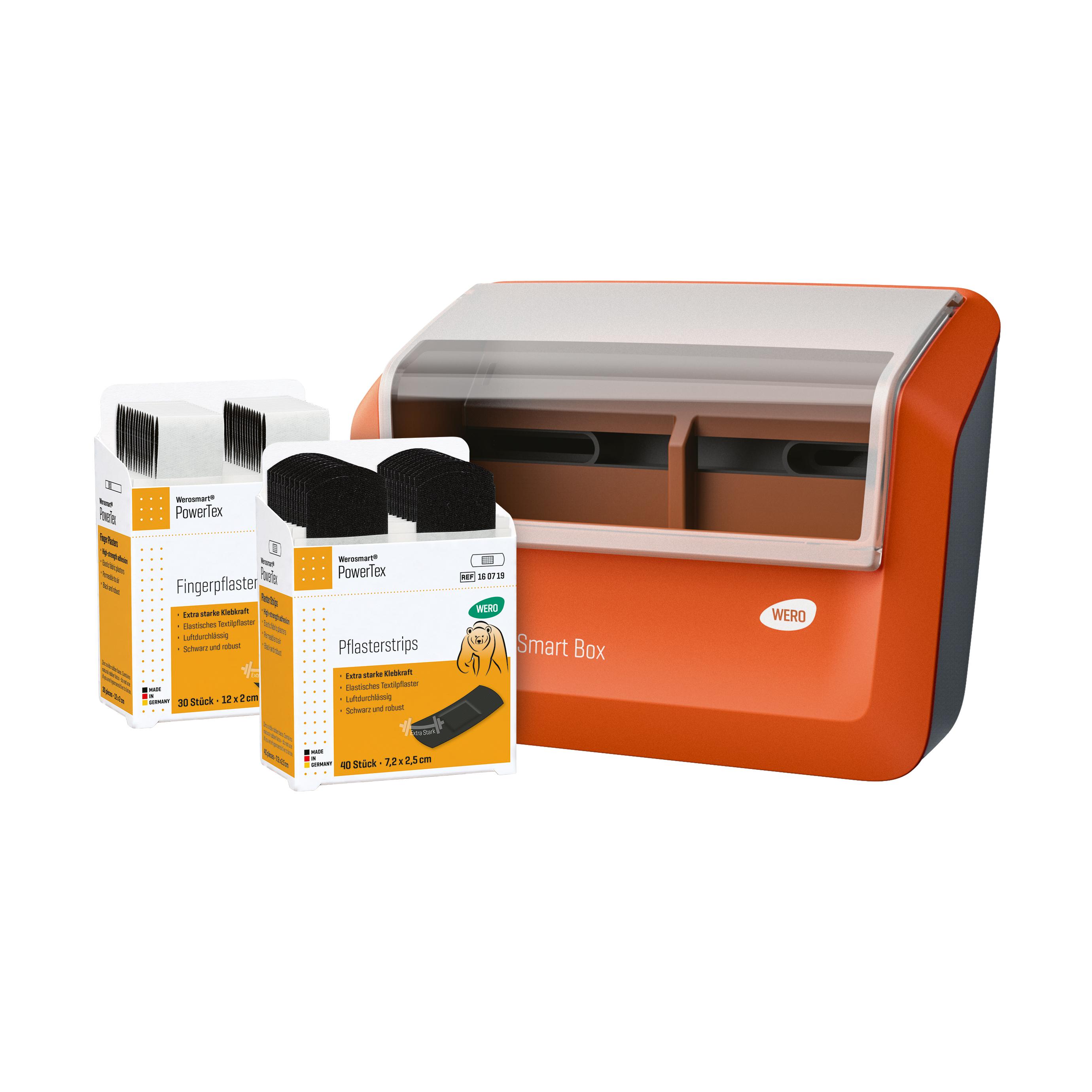 Ein WERO Smart Box® Pflasterspender gefüllt mit PowerTex Pflasterstrips und Fingerpflaster aus schwarzem, extra starkem Textilgewebe.