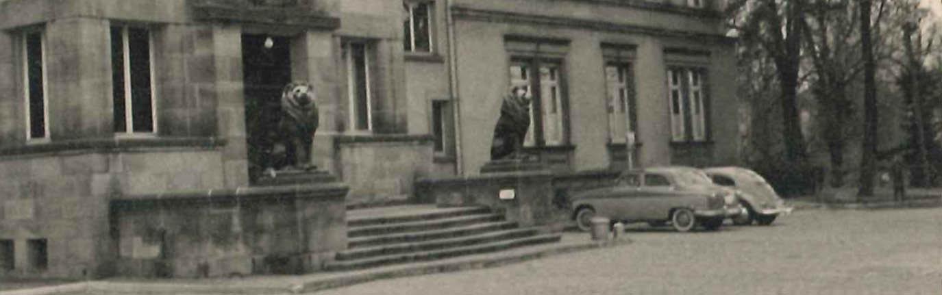 AltText: Zweistöckiges Gebäude mit klassischen Säulen, breiter Treppe und zwei steinernen Löwenstatuen am Eingang, davor zwei parkende Autos.